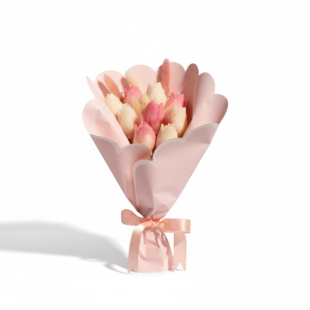 Aranjament floral cu 9 lumanari din ceara de soia – buchet de lalele roz si ivoire – imagine 1