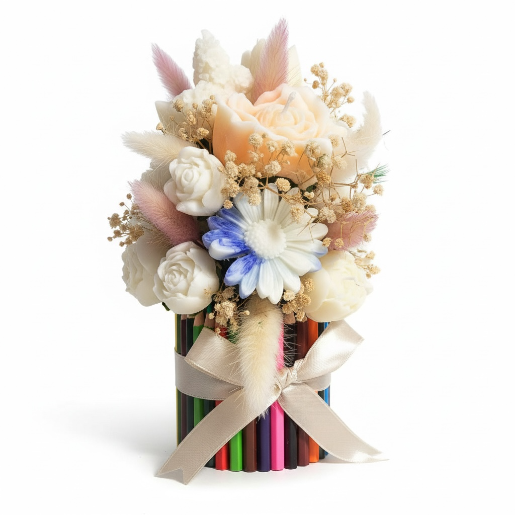 Aranjament cu lumanari parfumate in suport din creioane – imagine 1