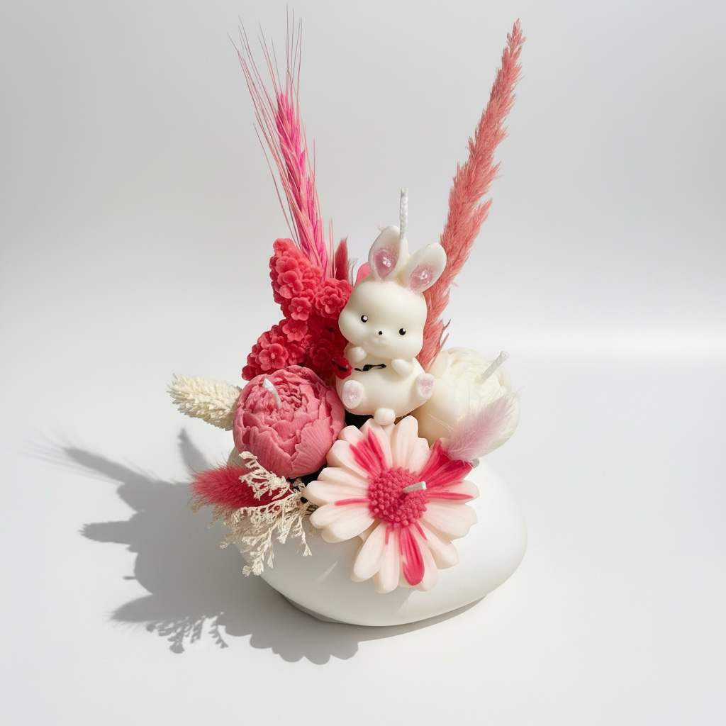 Aranjament roz cu iepuras si lumanari parfumate – imagine 1