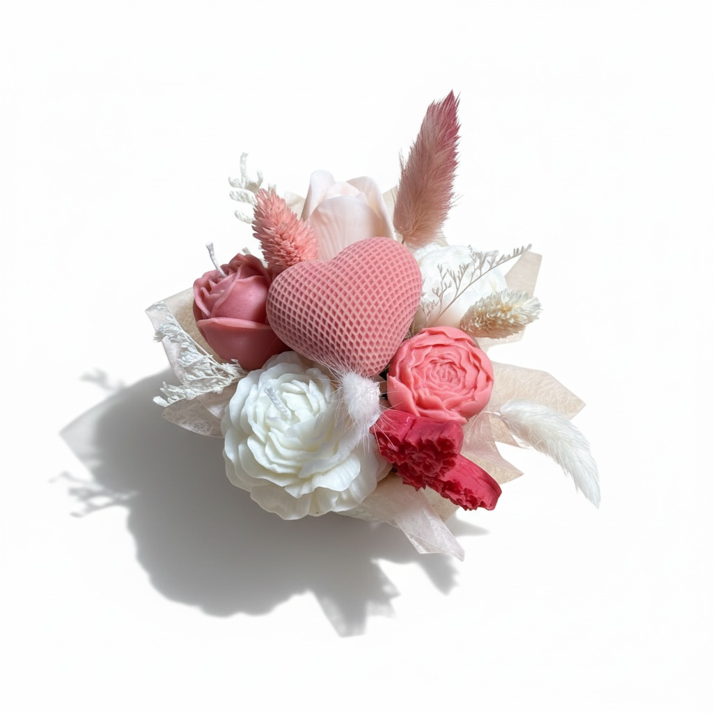 Aranjament floral cu inima si lumanari parfumate – imagine 1