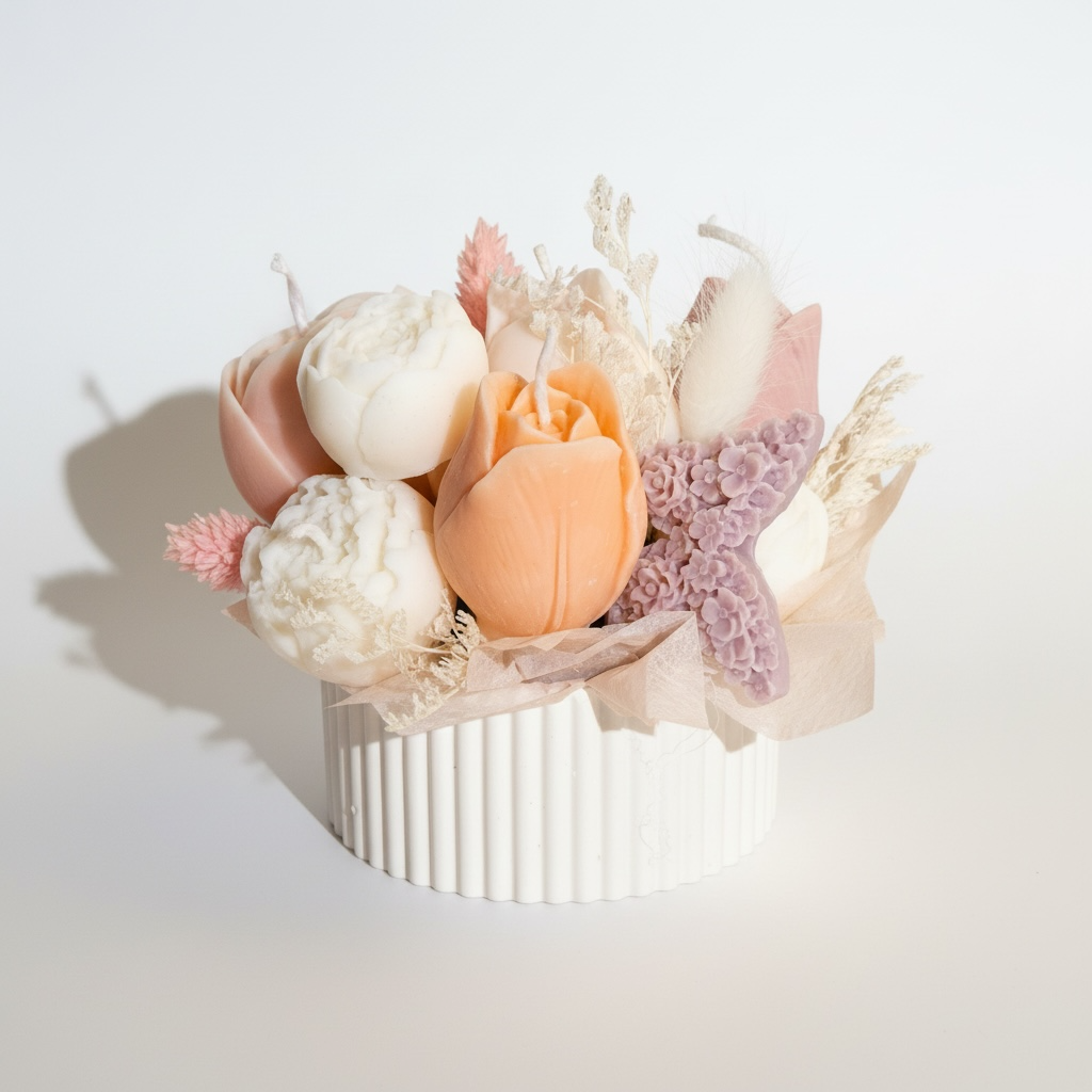 Aranjament floral din lumanari parfumate pastel – imagine 1