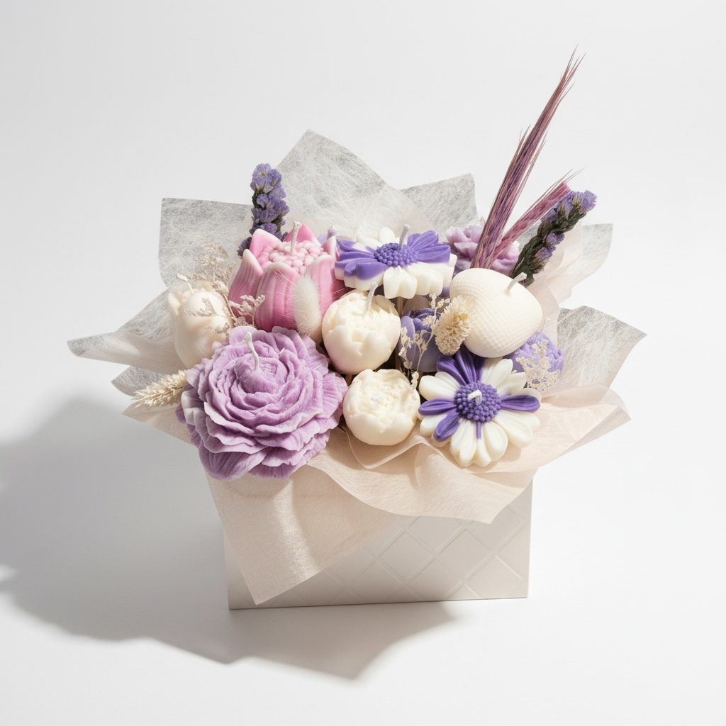 Aranjament floral cu lumanari mov si albe – imagine 2