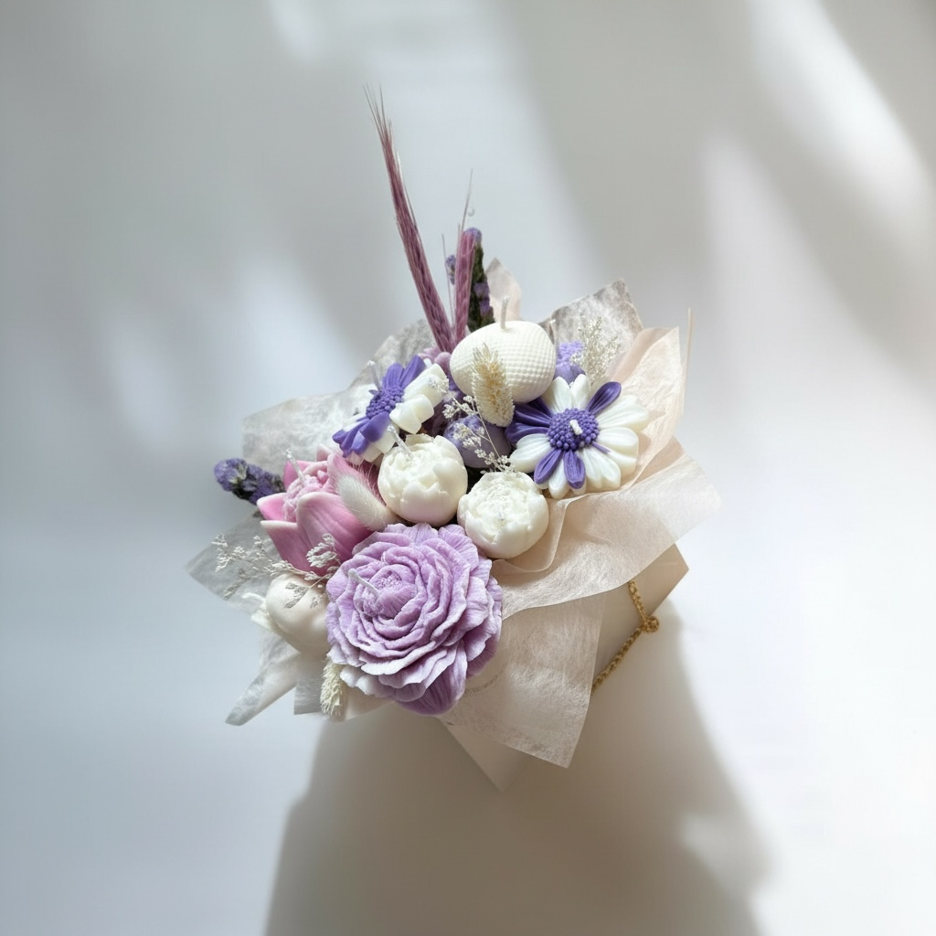 Aranjament floral cu lumanari mov si albe – imagine 1