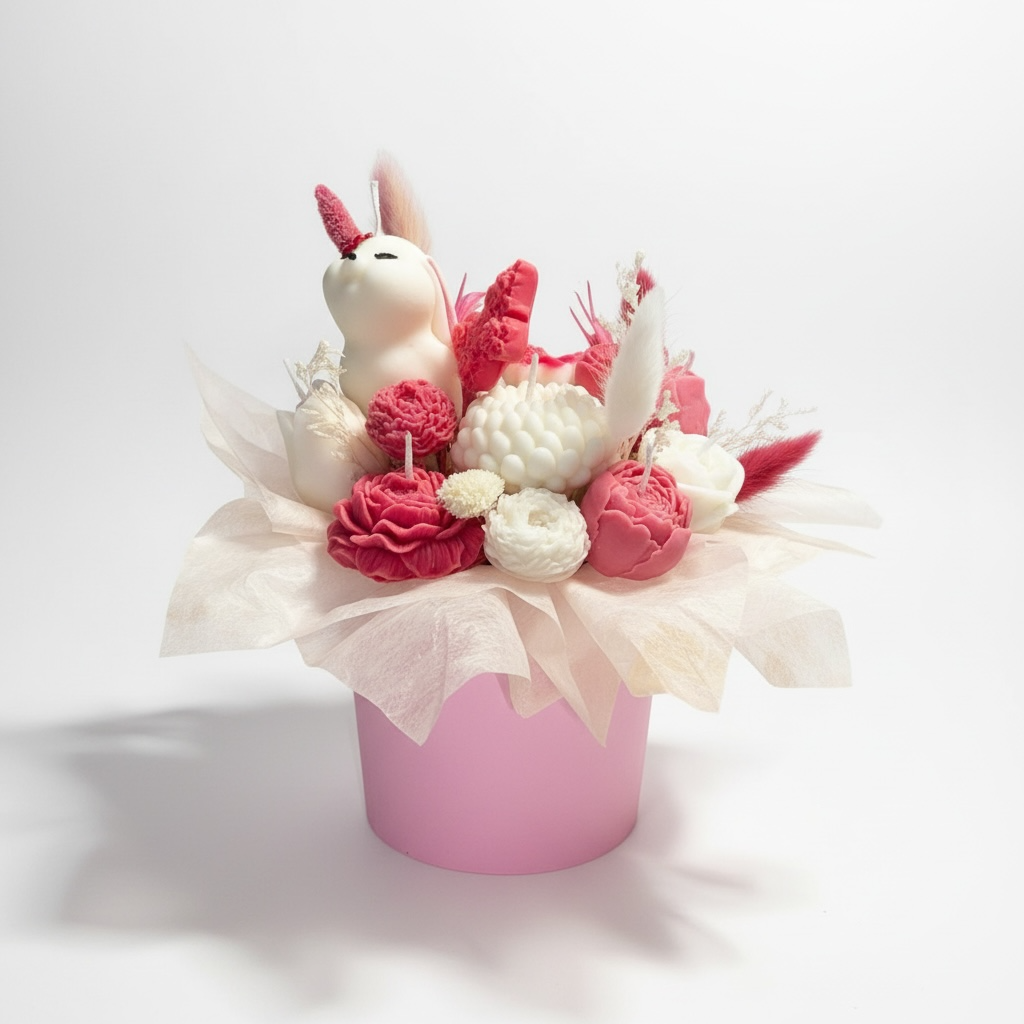 Aranjament floral roz cu figurina si lumanari parfumate – imagine 2