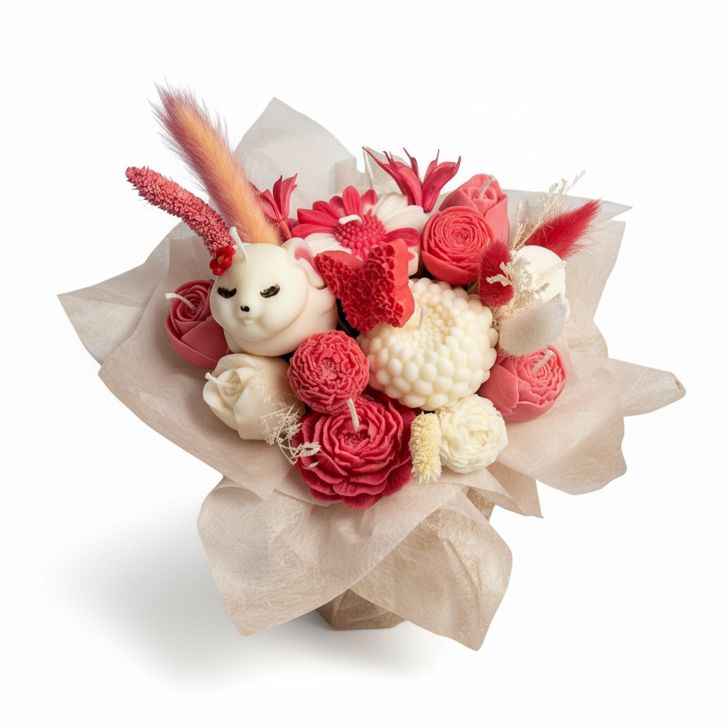 Aranjament floral roz cu figurina si lumanari parfumate – imagine 1