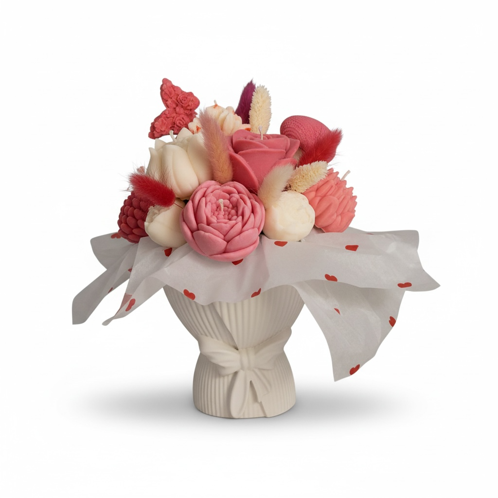 Aranjament floral premium cu lumanari din ceara de soia si vas ceramic – imagine 2