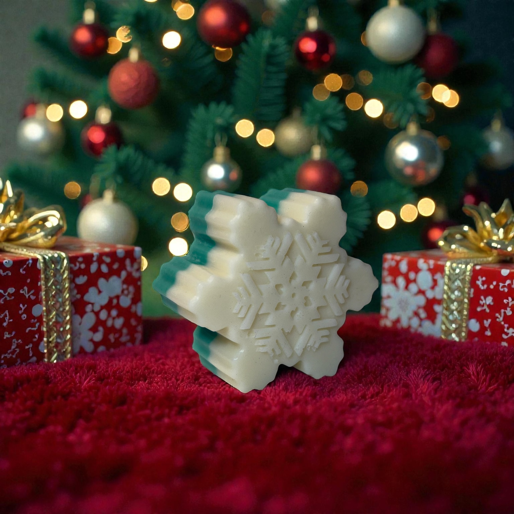 Lumanare decorativa fulg de zapada verde-alb Craciun – imagine 1