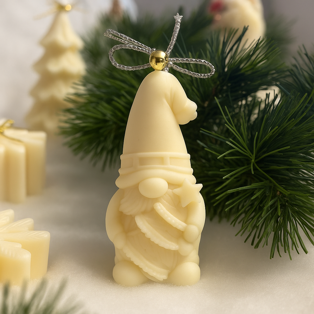 Lumanare gnom Craciun cu funda aurie si bradut – imagine 1