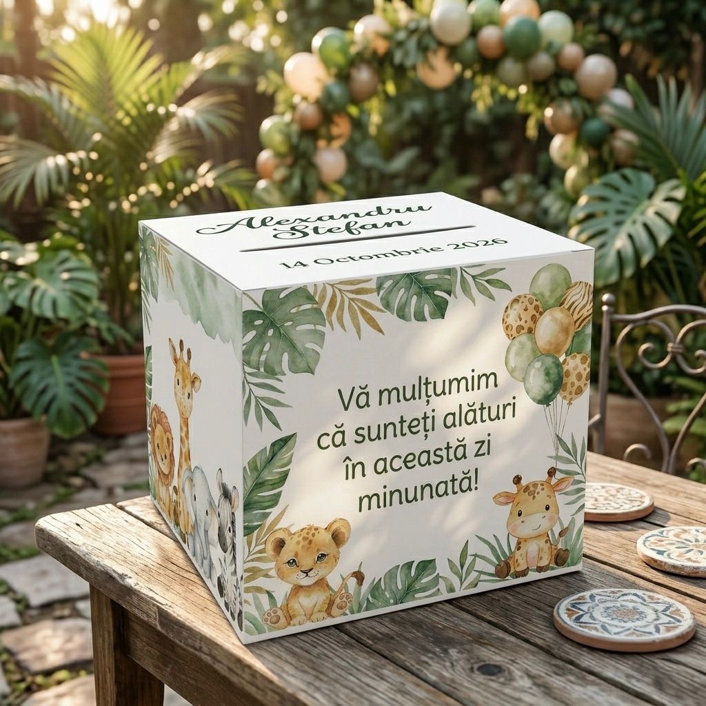 Cutie de Dar Botez Personalizată - Tematică Safari și Animăluțe Junglă – imagine 1