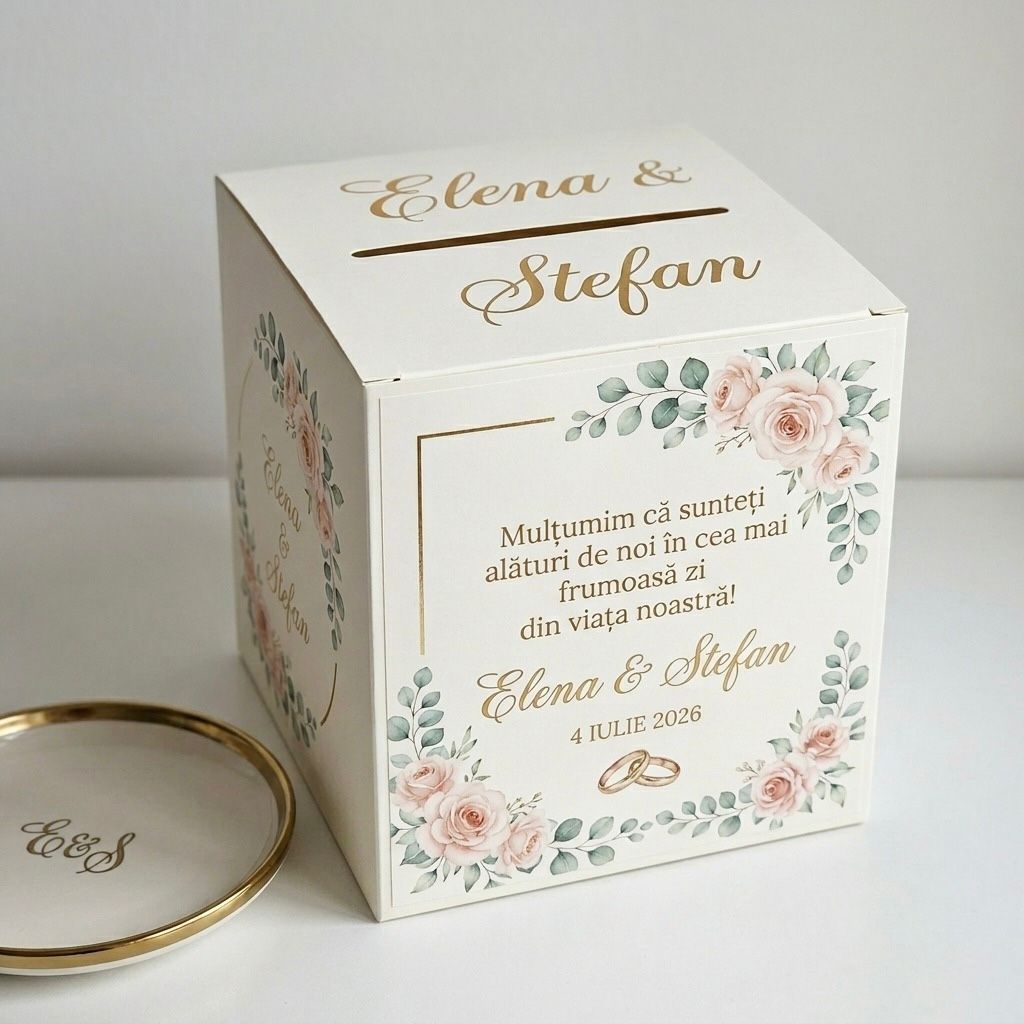 Cutie de Dar Nuntă Personalizată - Design Floral Elegant și Accente Aurii – imagine 1