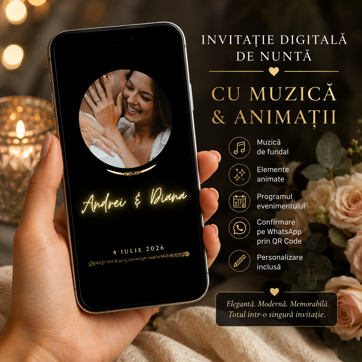 Invitație Digitală Nuntă cu Muzică și Animații – Confirmare WhatsApp – imagine 1