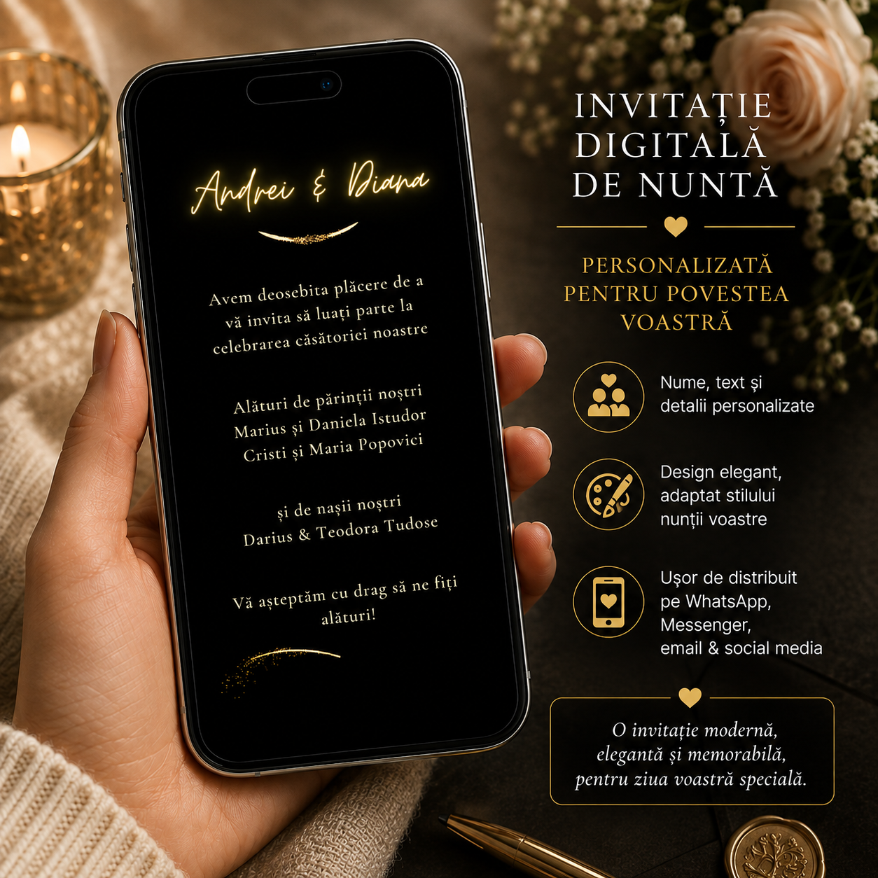 Invitație Digitală Nuntă cu Muzică și Animații – Confirmare WhatsApp – imagine 2