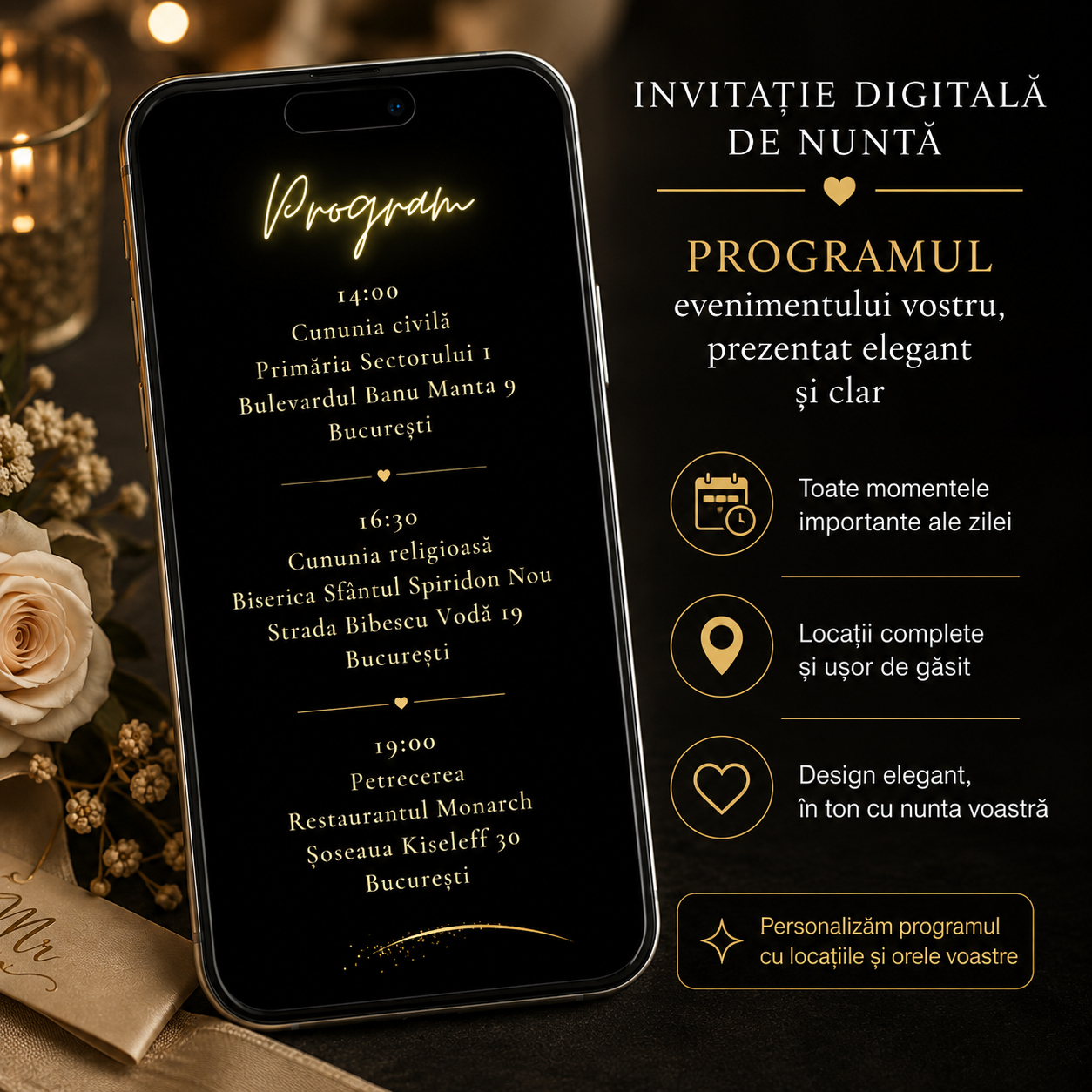 Invitație Digitală Nuntă cu Muzică și Animații – Confirmare WhatsApp – imagine 3
