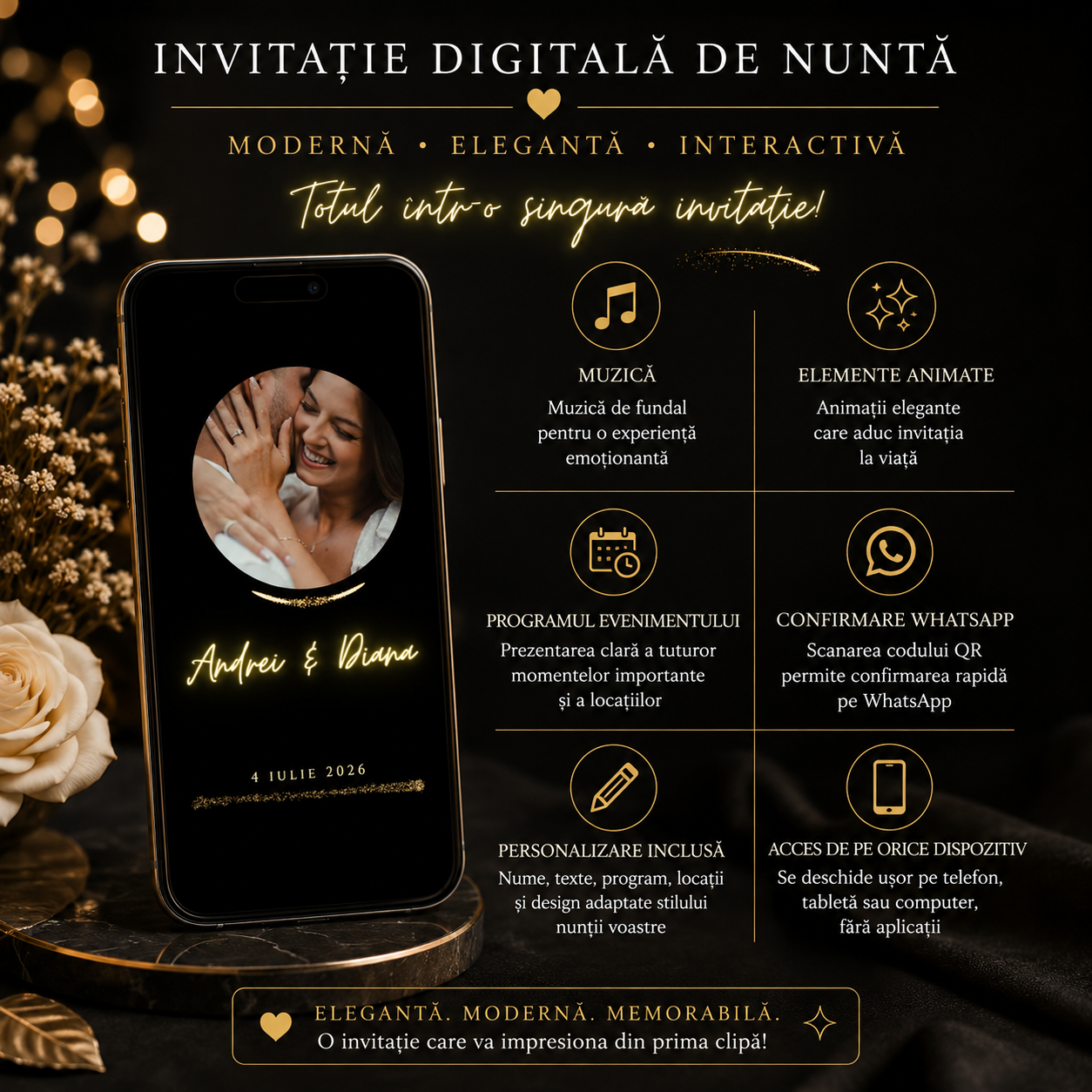 Invitație Digitală Nuntă cu Muzică și Animații – Confirmare WhatsApp – imagine 5
