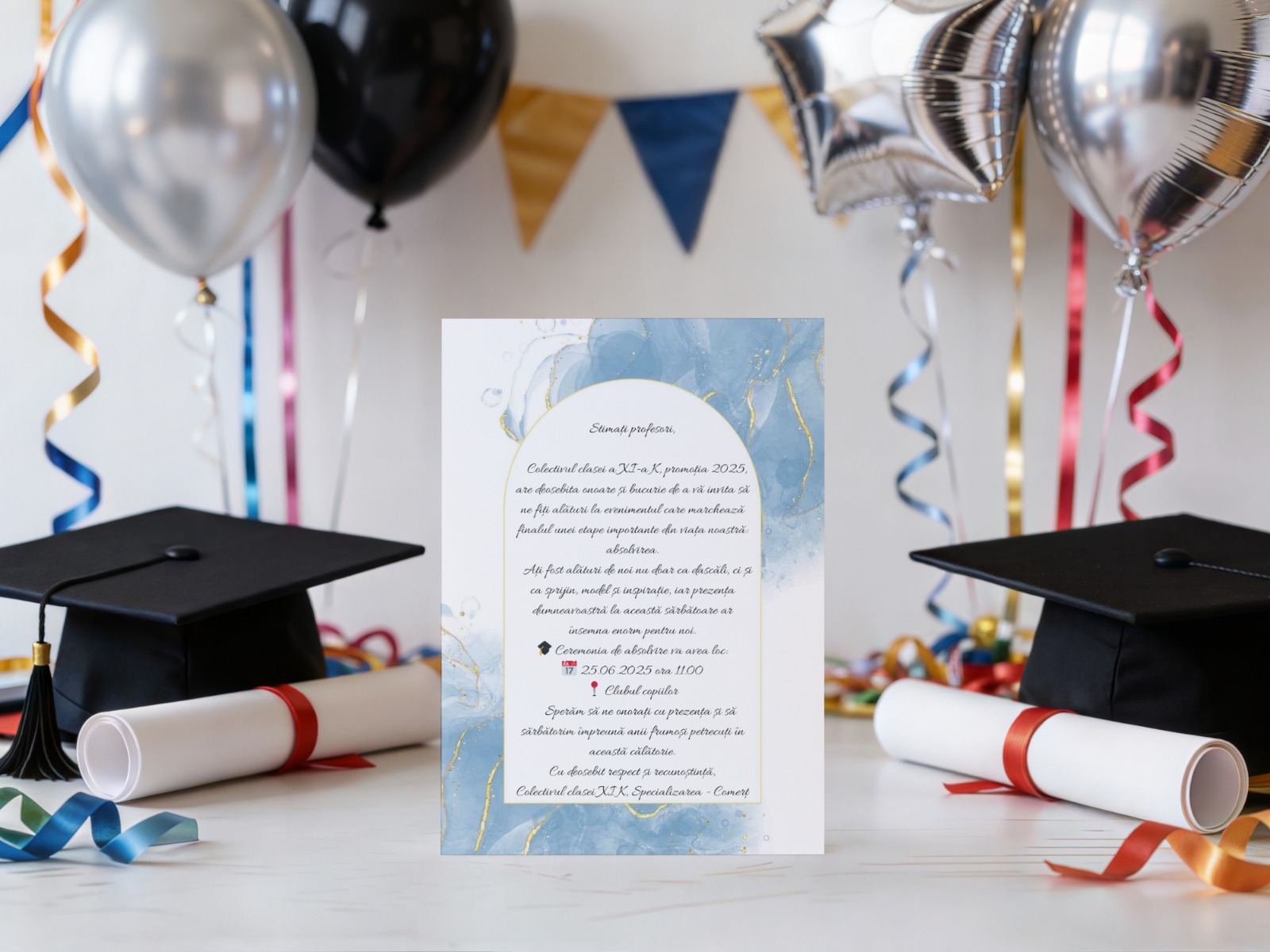 Invitatie absolvire eleganta bleu cu accente aurii – imagine 1