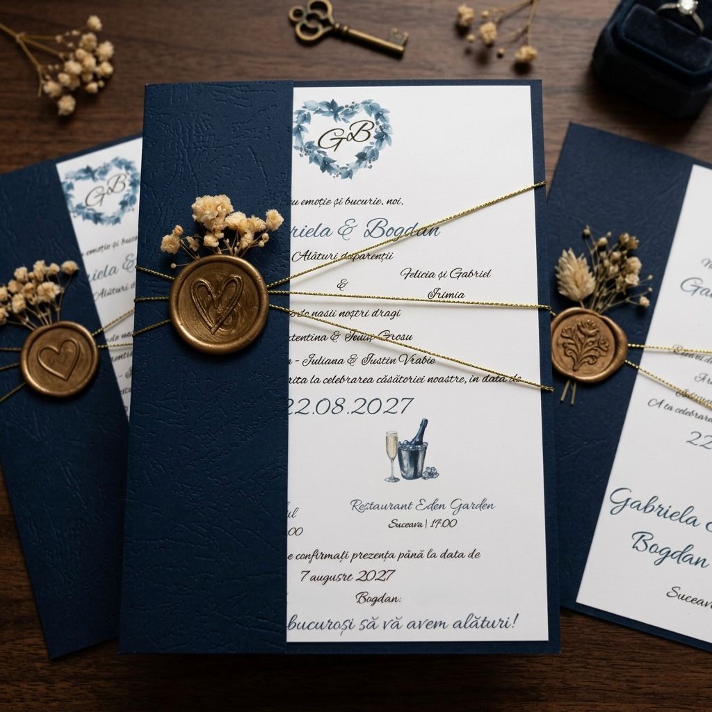 Invitatie nunta albastru regal cu sigiliu si flori uscate – imagine 1