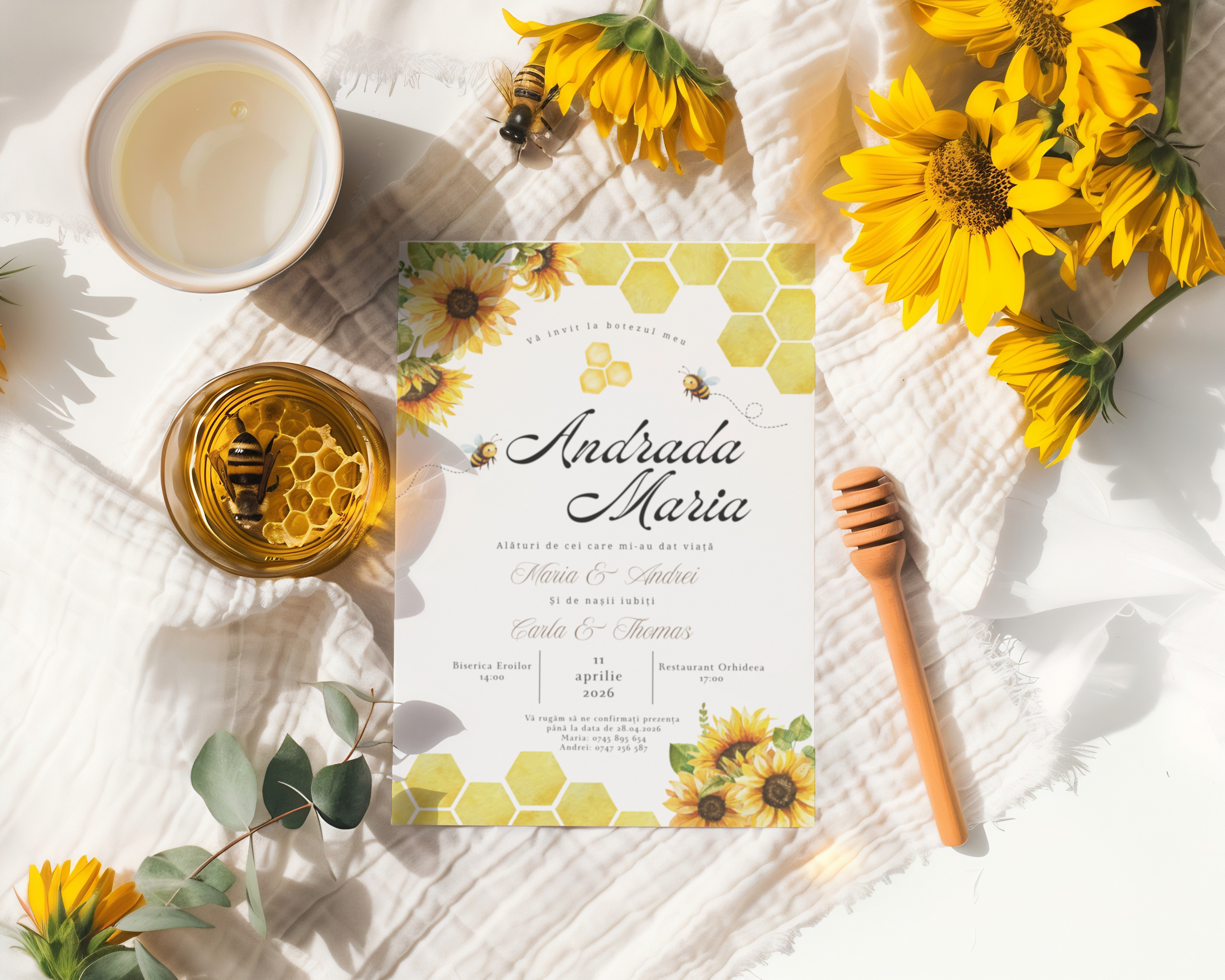 Invitatie botez albinute cu miere si floarea soarelui – imagine 1