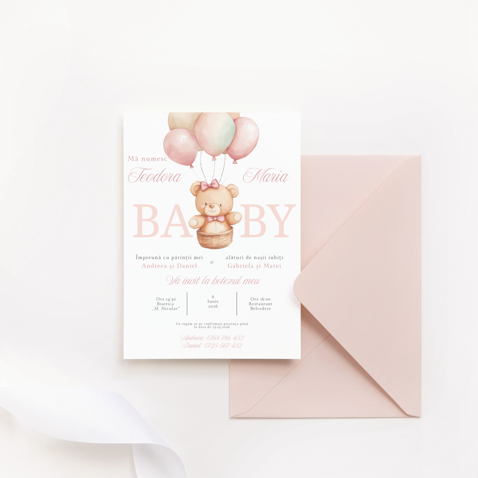 Invitatie botez fetita cu ursulet si baloane pastel – imagine 1