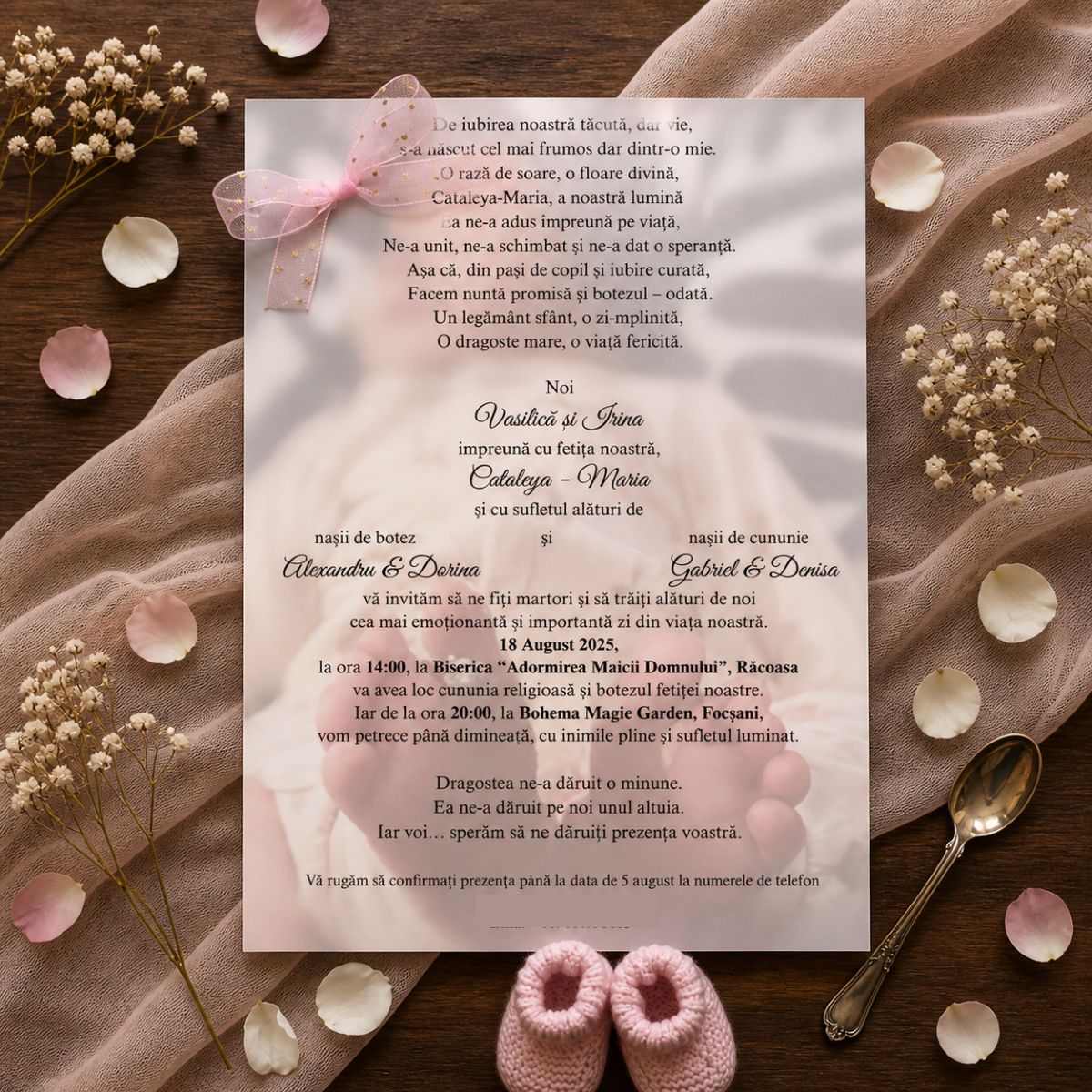 Invitație Botez cu Poză Bebe și Foaie de Calc - Design Roz și Organza – imagine 1