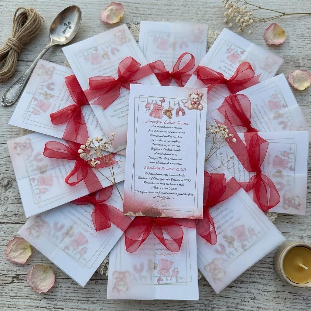 Invitație de botez cu fundiță roșie și foaie de calc – imagine 1