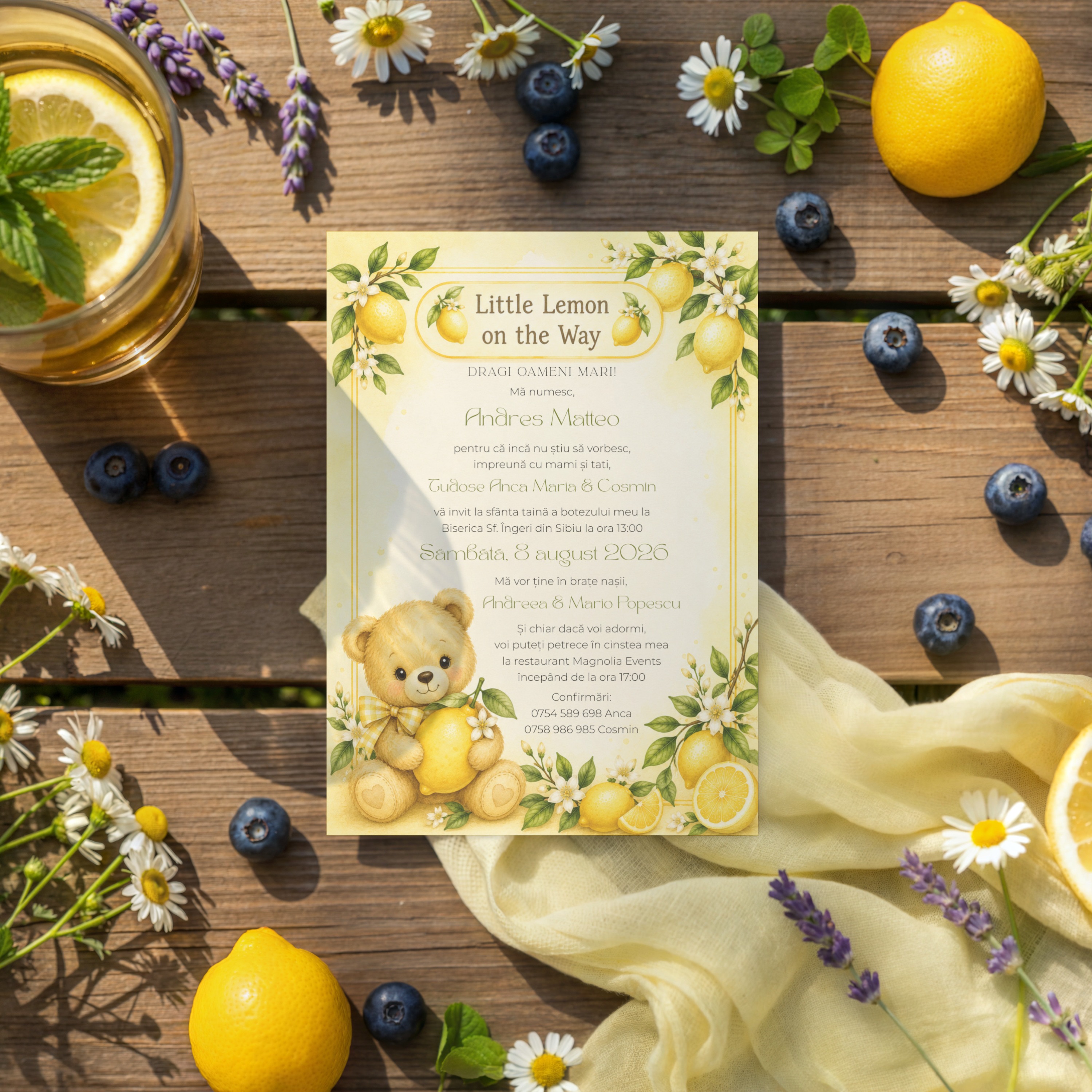 Invitație Botez Premium Little Lemon - Ursuleț și Lămâi Galbene – imagine 1