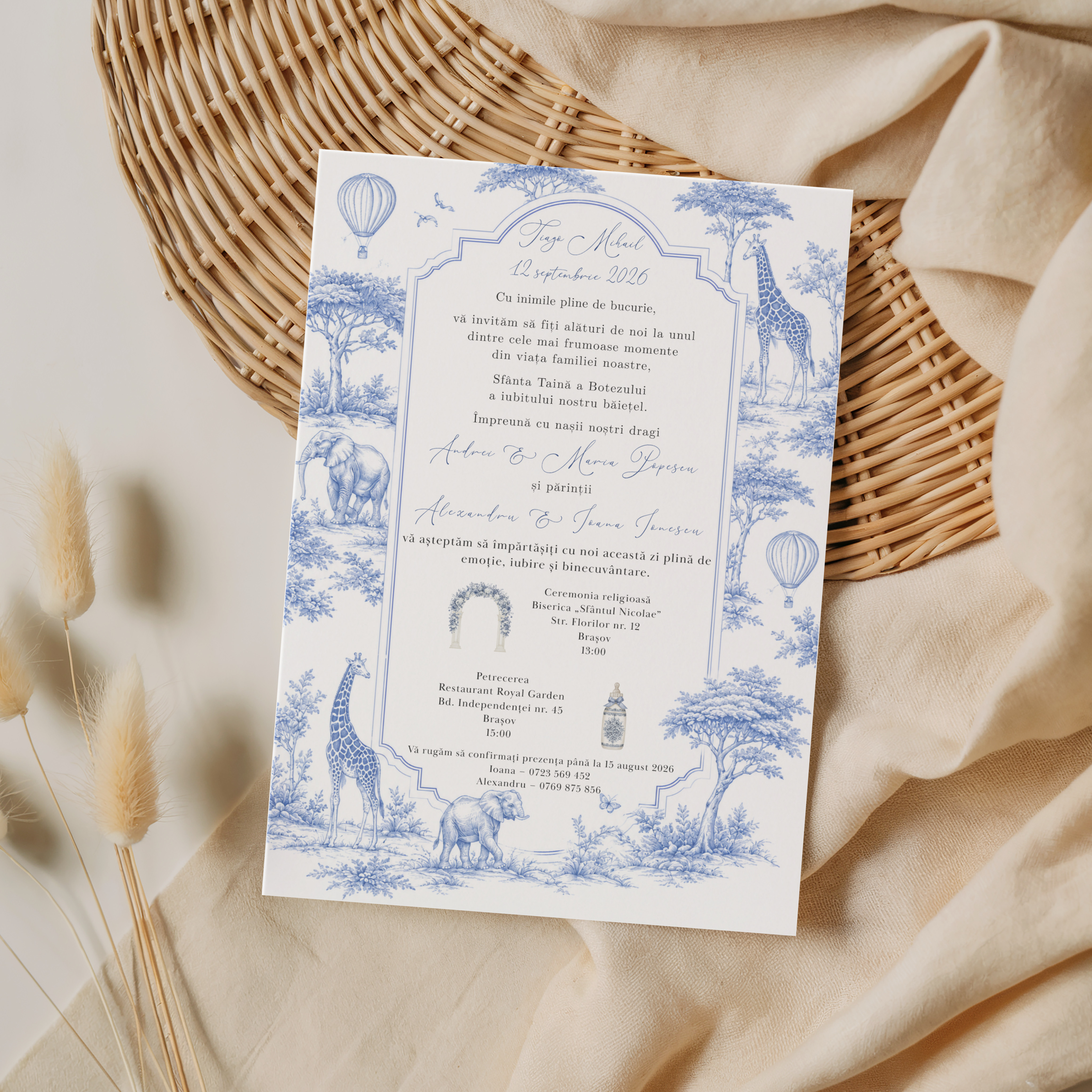 Invitație Botez Premium Baby Dior Safari - Toile de Jouy Albastru – imagine 1