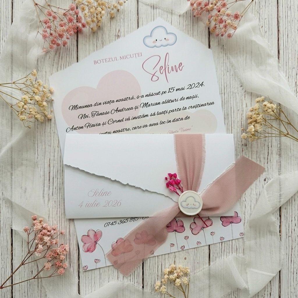 Invitație Botez Premium cu Norisor și Panglică - Model Seline – imagine 1