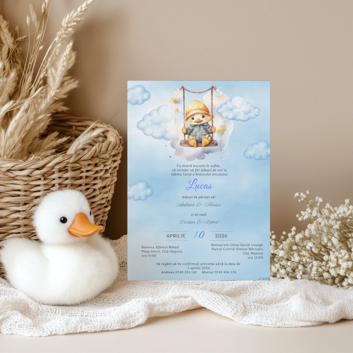 Invitație Botez Băiețel - Rățușcă pe Leagăn între Norisori – imagine 1