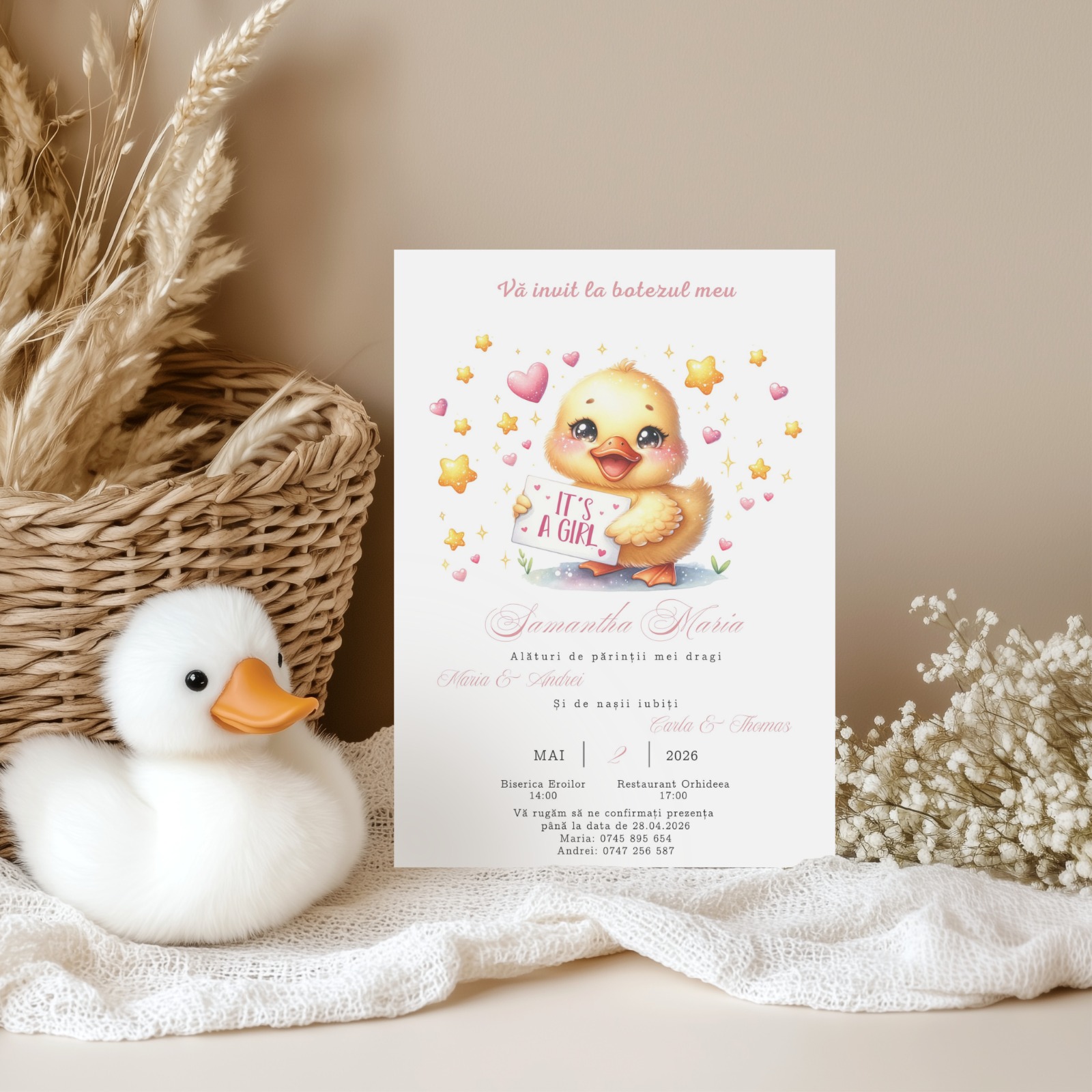 Invitație de botez cu rățușcă și mesaj It's a Girl – imagine 1