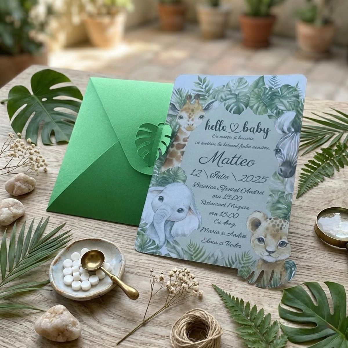 Invitație Botez Safari și Junglă - Plic Verde Decupat Tip Frunză – imagine 1