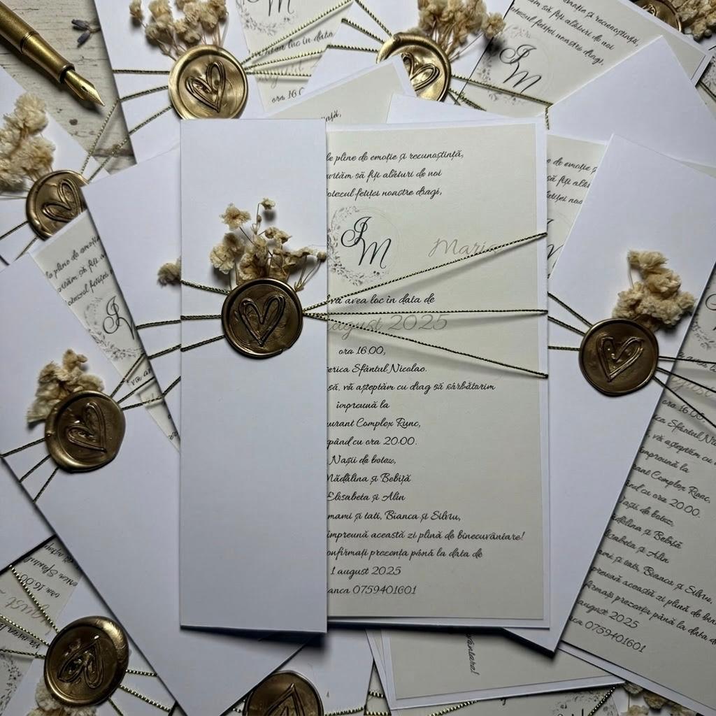Invitație de botez cu sigiliu din ceară și flori uscate – imagine 1