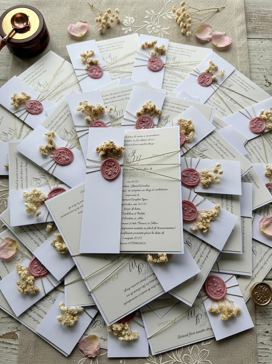 Invitație de botez cu sigiliu din ceară și flori uscate – imagine 2