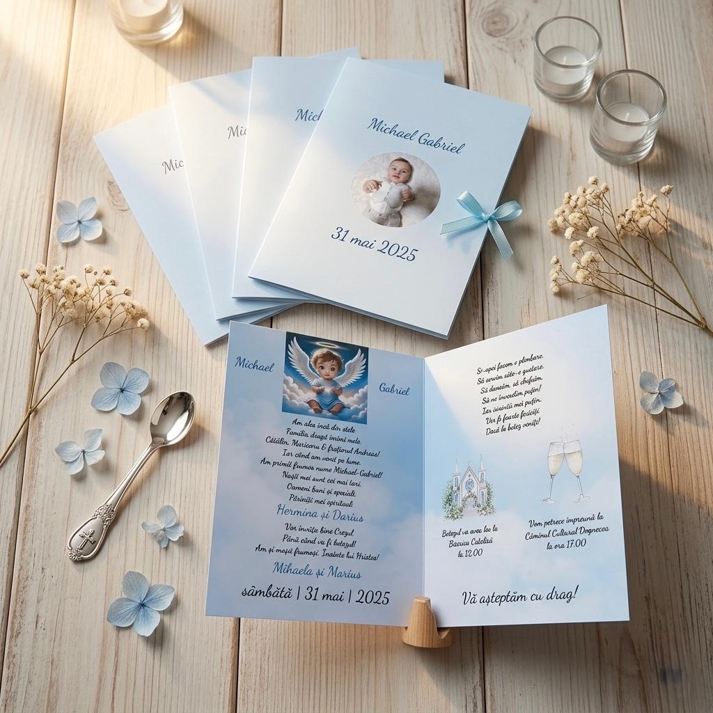 Invitație de botez tip cărticică cu fundiță albastră – imagine 1