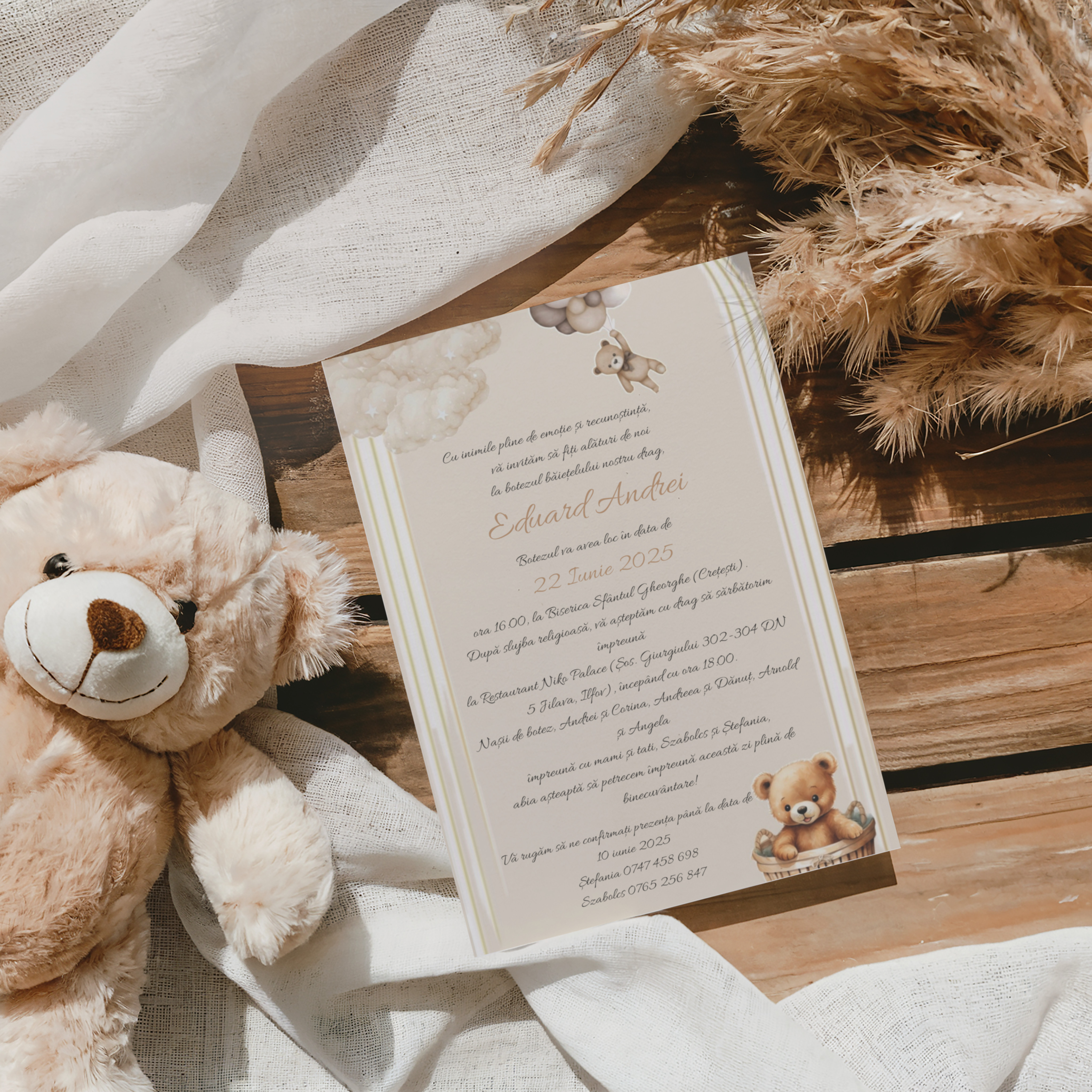 Invitație de botez cu ursuleț pentru băiețel – imagine 1