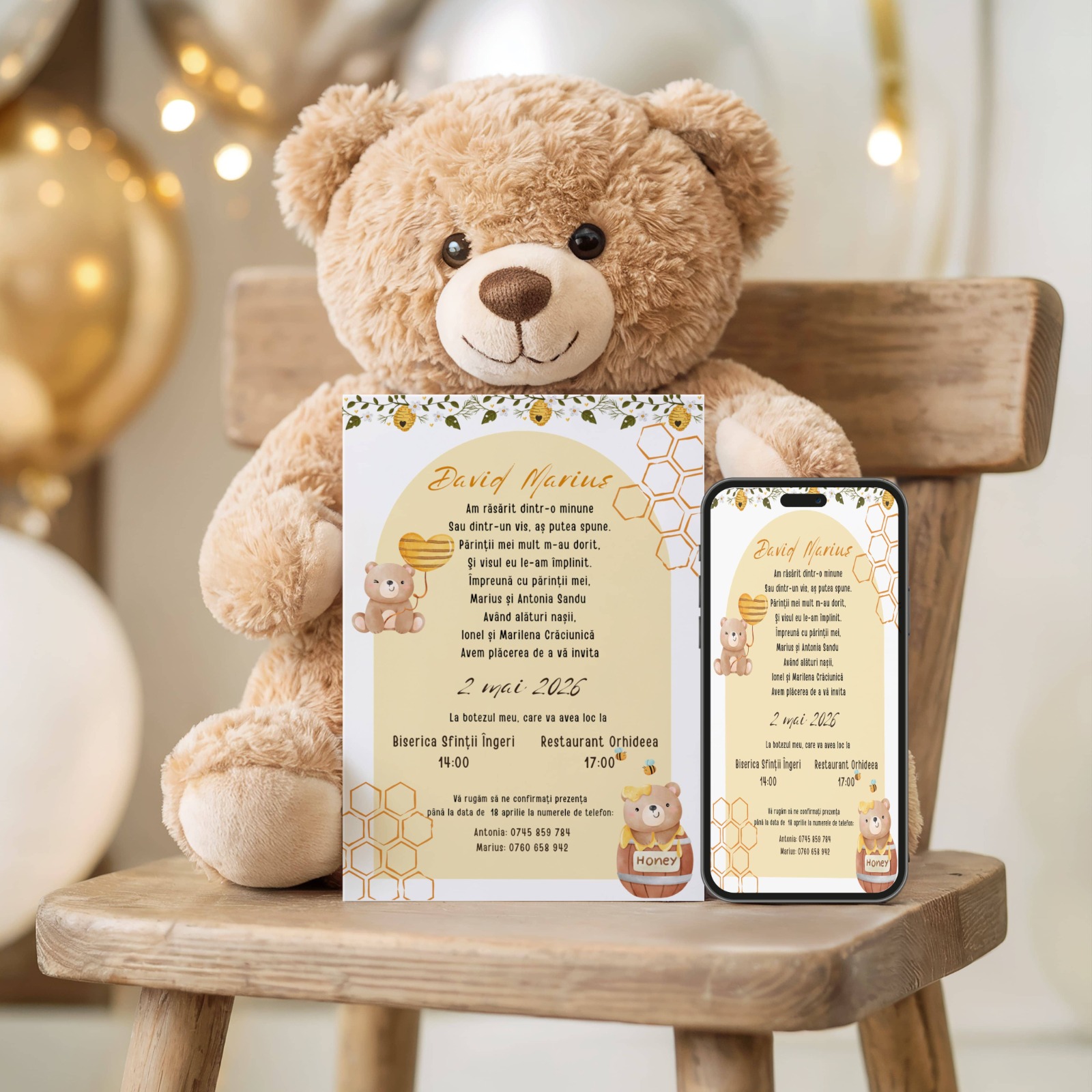 Invitație de botez cu ursuleț și tematică miere – imagine 1