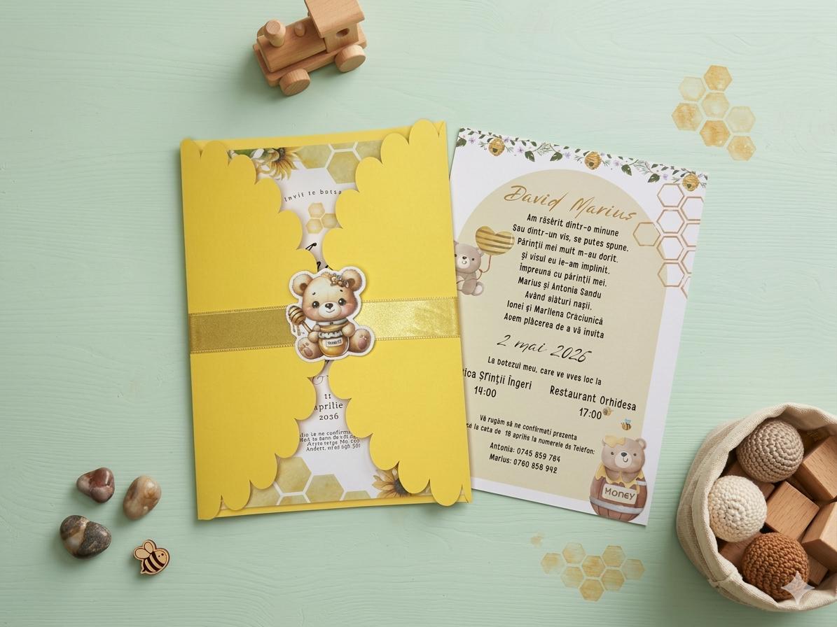 Invitatie botez ursulet cu miere in plic galben – imagine 1