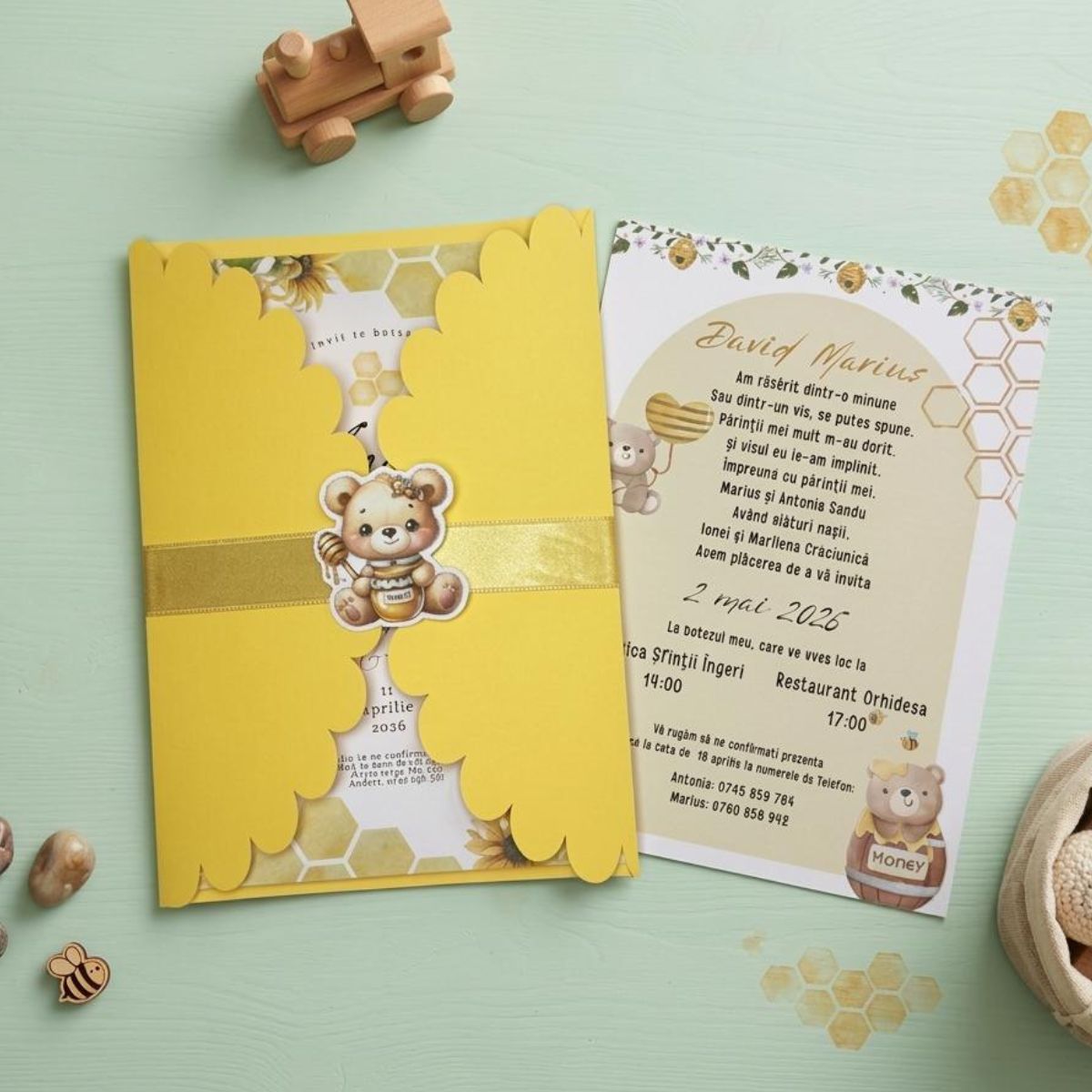Invitație Botez Ursuleț și Miere - Include Plic Galben Decorativ – imagine 1
