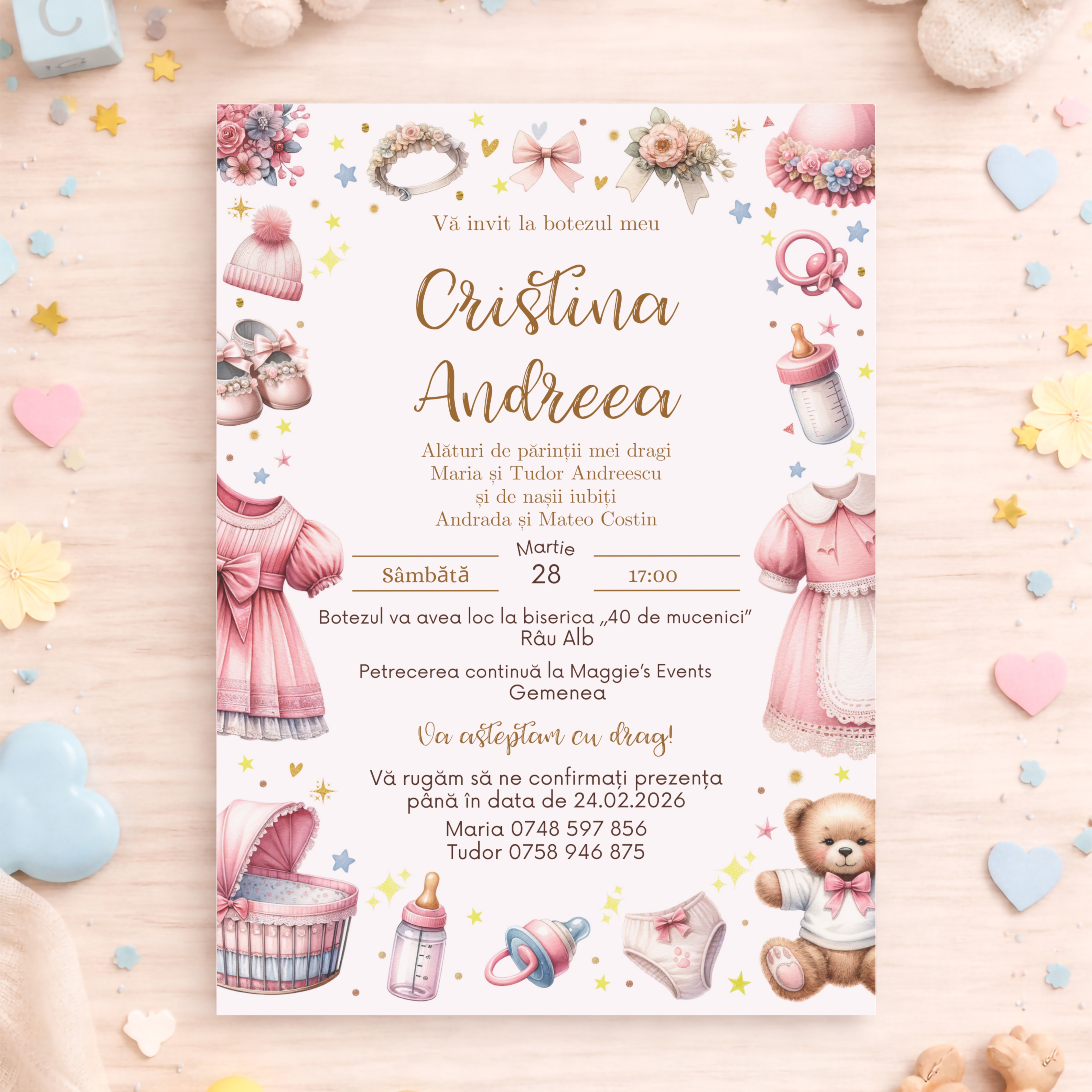 Invitație de botez fetiță cu ursuleți roz și fundă satin – imagine 1