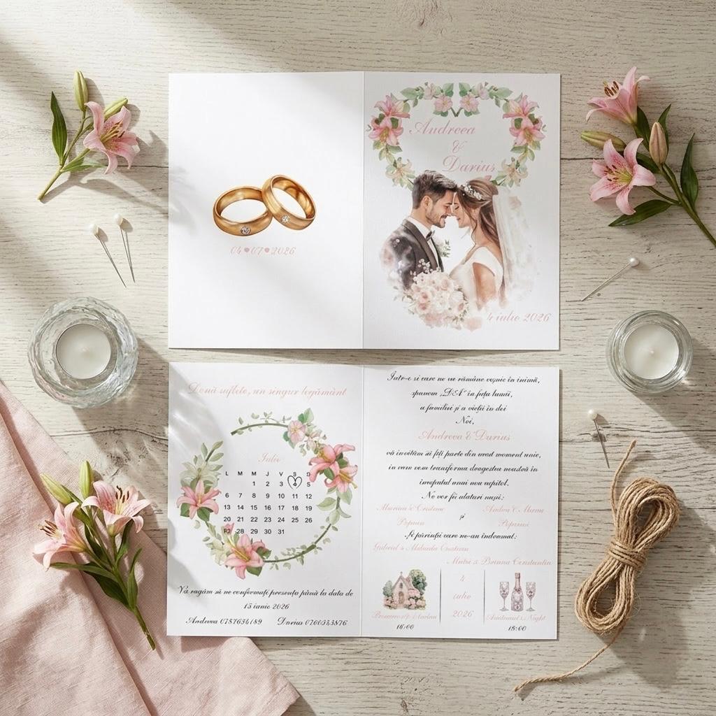 Invitatie de nunta florala cu calendar – imagine 1
