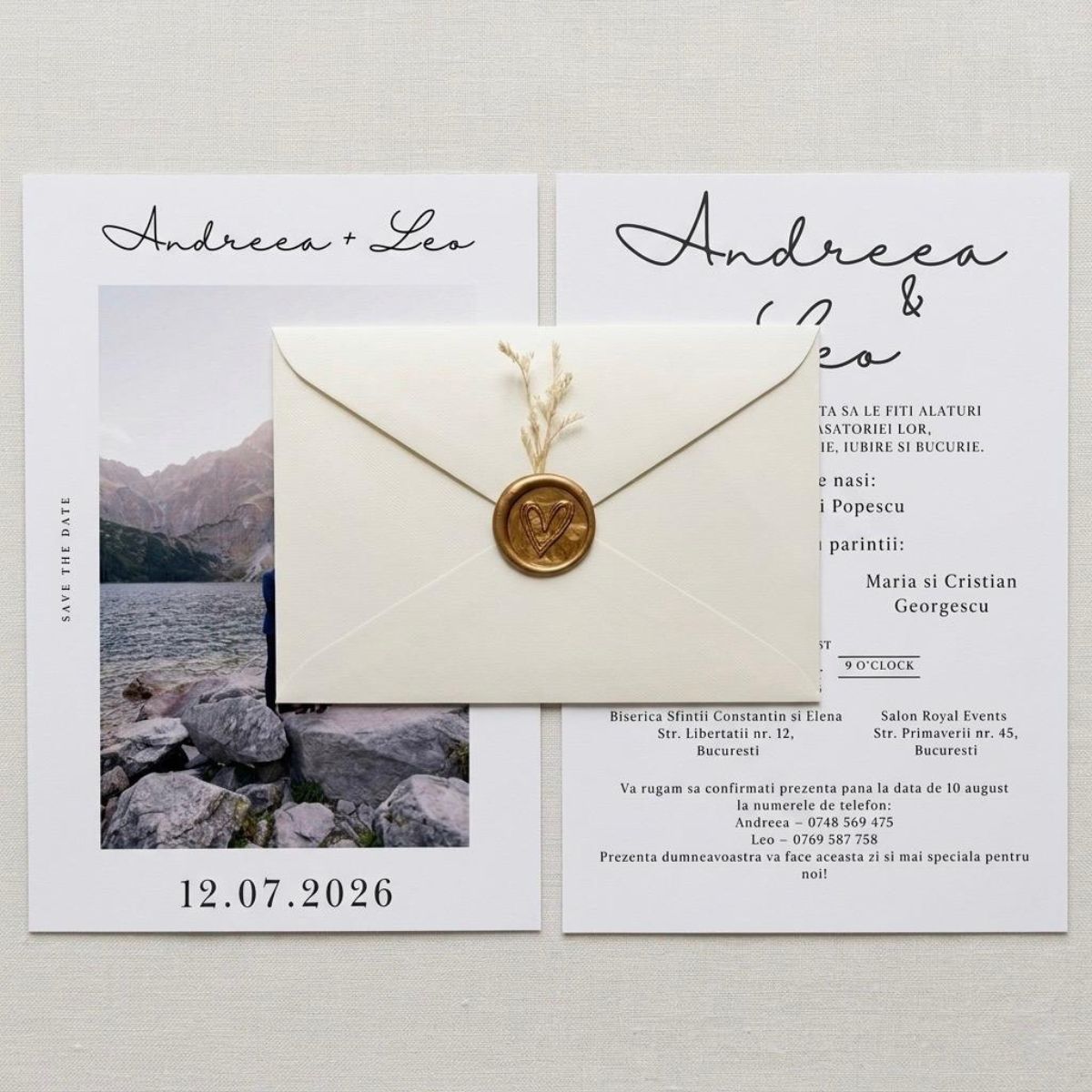 Invitație Nuntă Personalizată cu Fotografie - Sigiliu Ceară și Flori Uscate – imagine 1