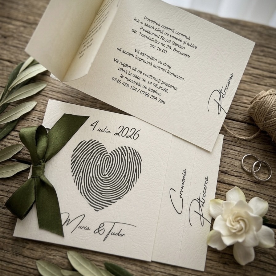 Invitatie nunta eleganta cu funda verde si inimioara amprenta – imagine 1