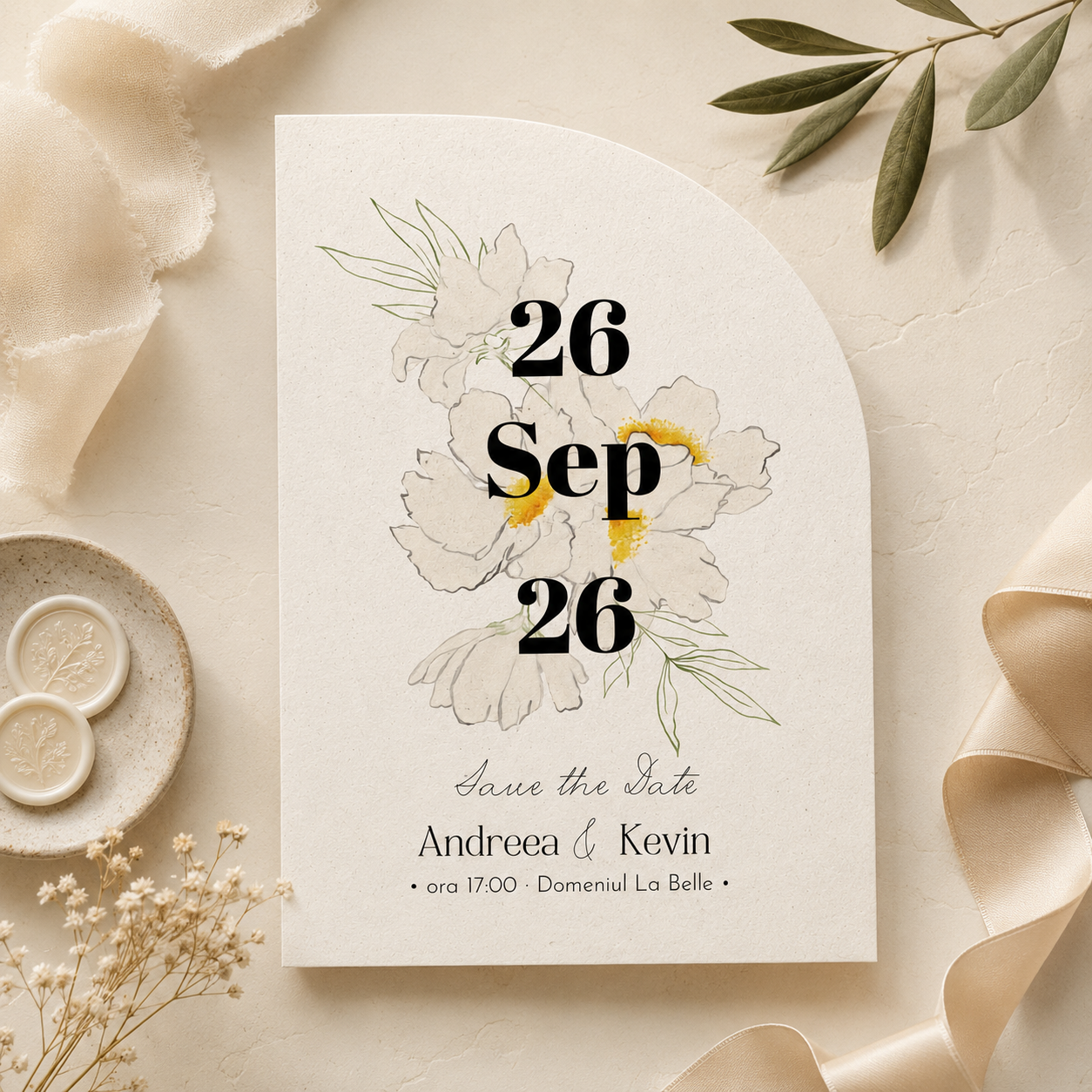 Invitație de Nuntă Personalizată Arcuită cu Flori – Model Floral Elegant – imagine 3