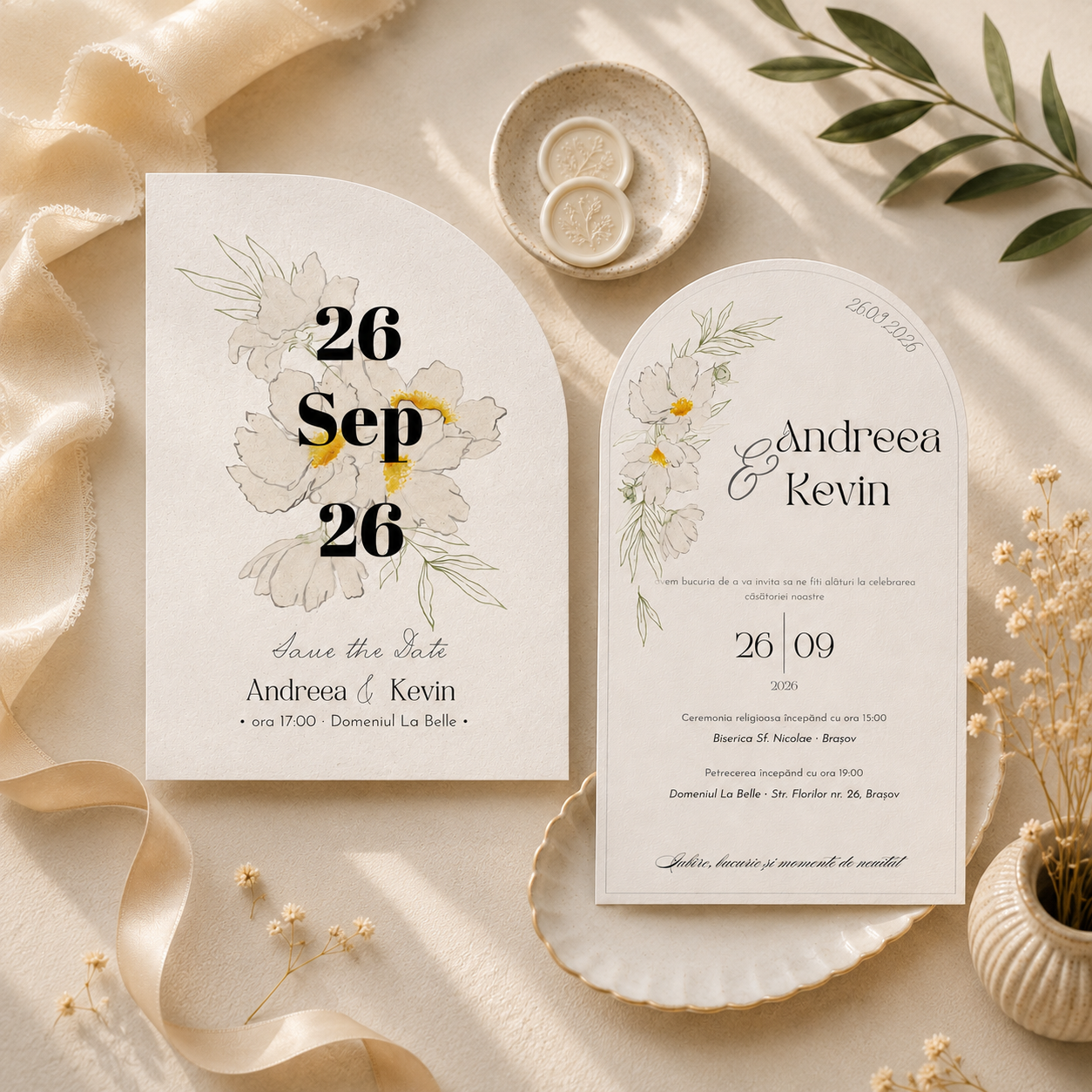 Invitație de Nuntă Personalizată Arcuită cu Flori – Model Floral Elegant – imagine 1