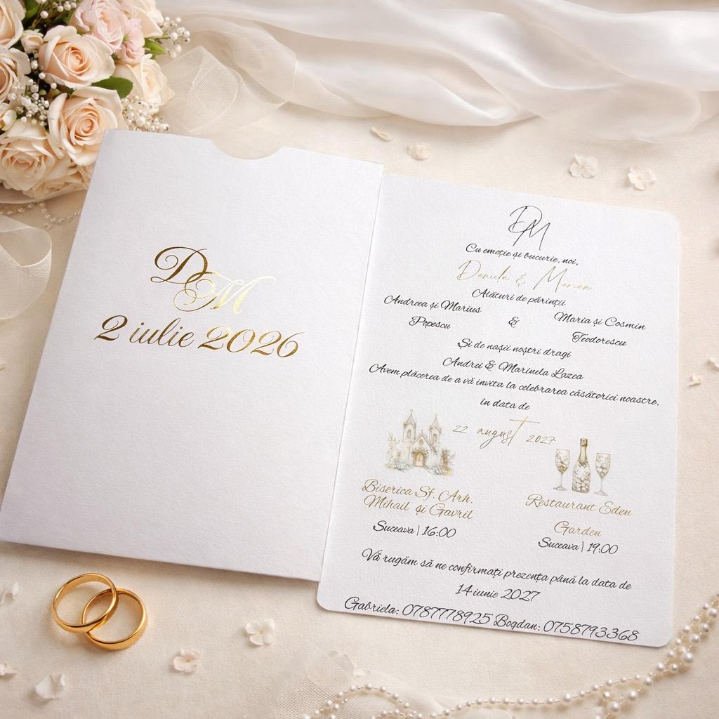 Invitatie nunta eleganta aurie cu monograma – imagine 1