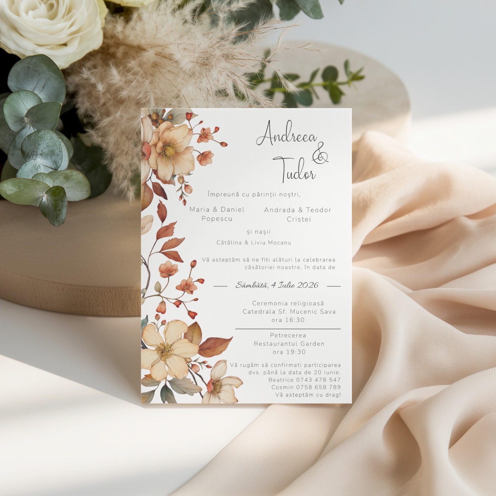 Invitație de Nuntă Boho cu Flori în Nuanțe Calde – imagine 1