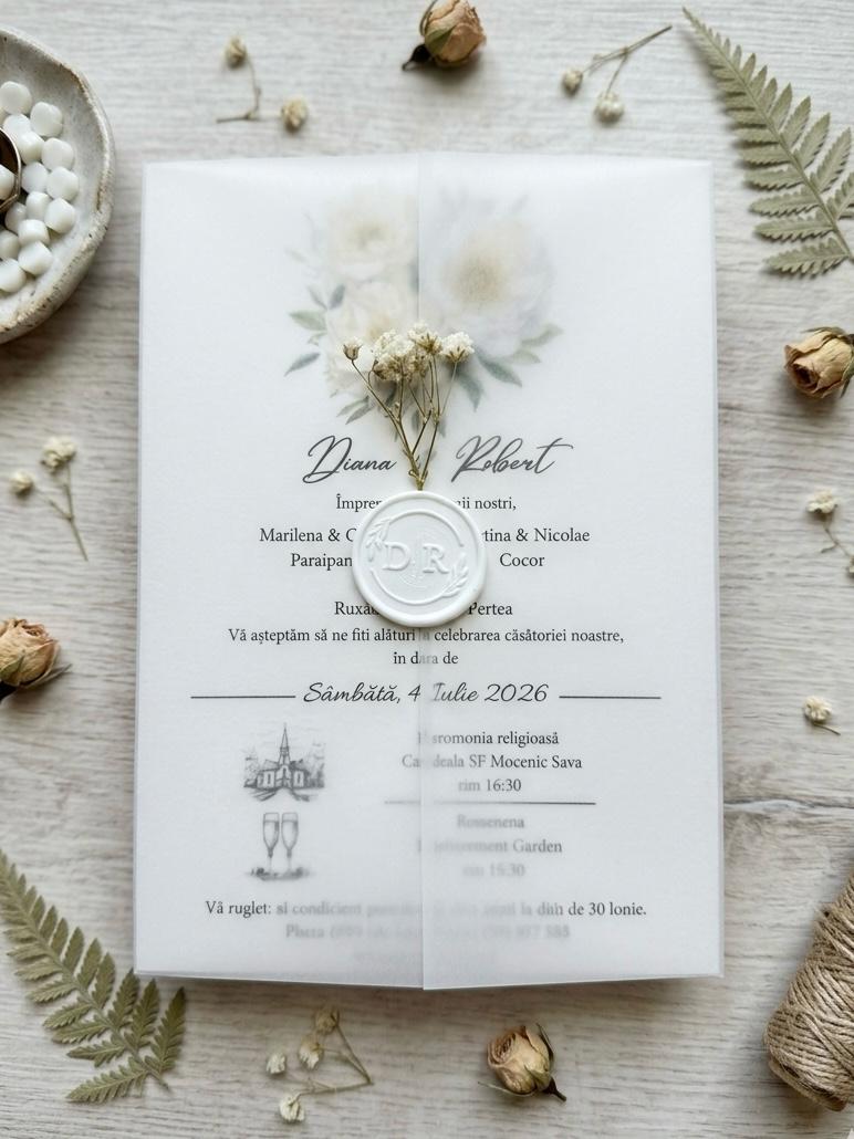 Invitatie nunta pe foaie de calc cu sigiliu de ceara – imagine 1