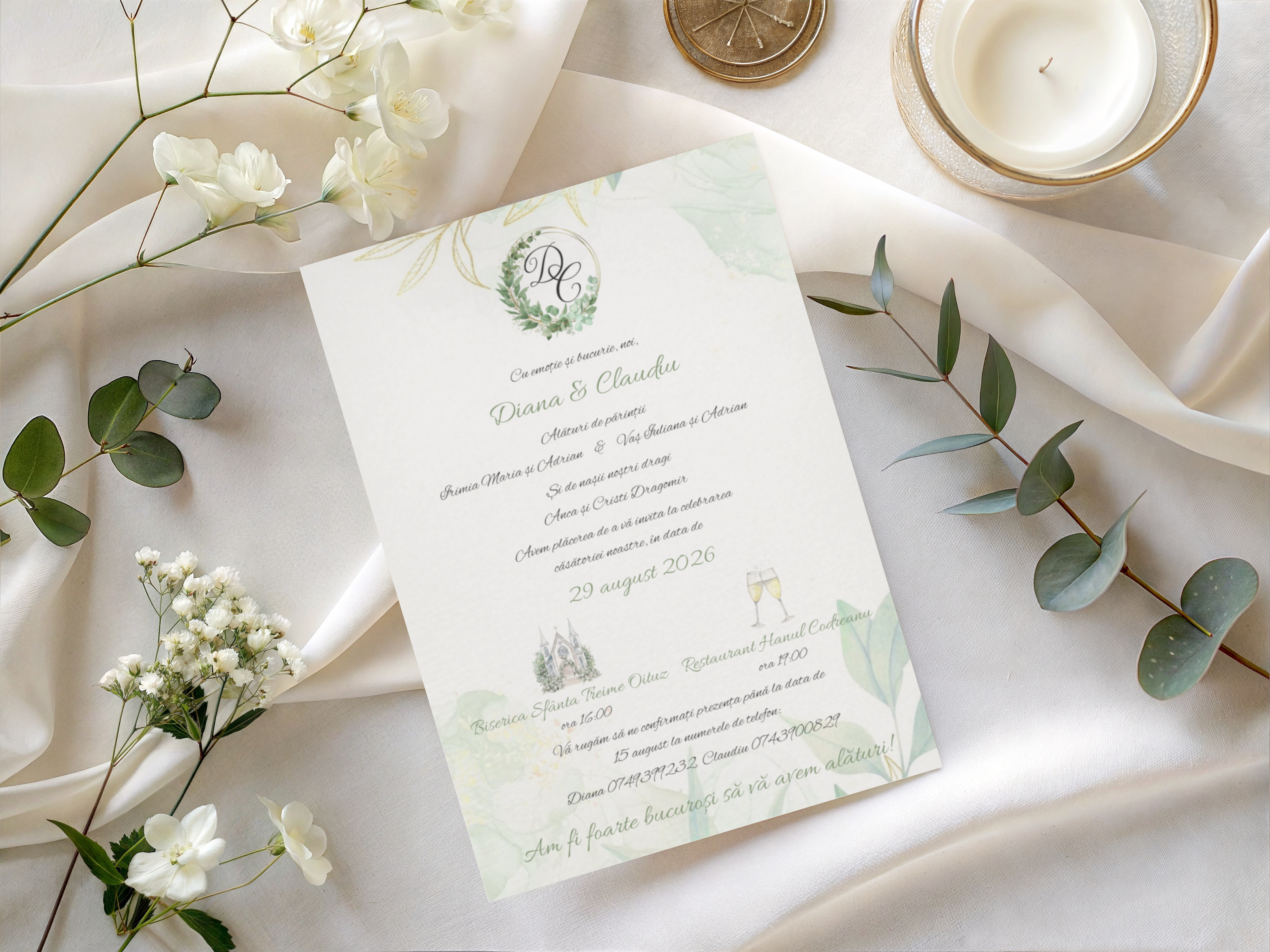 Invitație de nuntă elegantă cu frunze de eucalipt – imagine 2