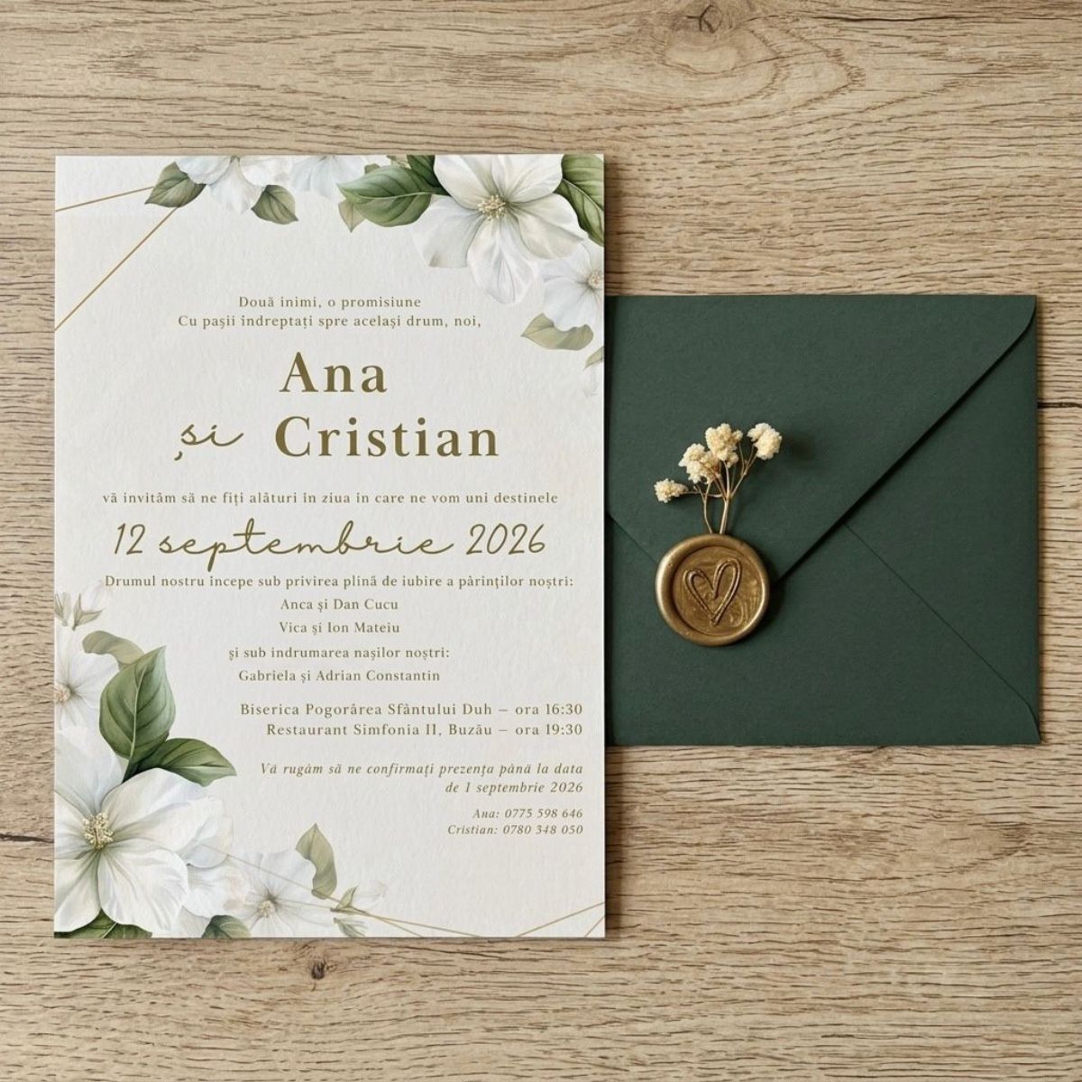 Invitație Nuntă Floral Lux - Design Flori Albe și Geometrie Aurie cu Plic Forest Green – imagine 1