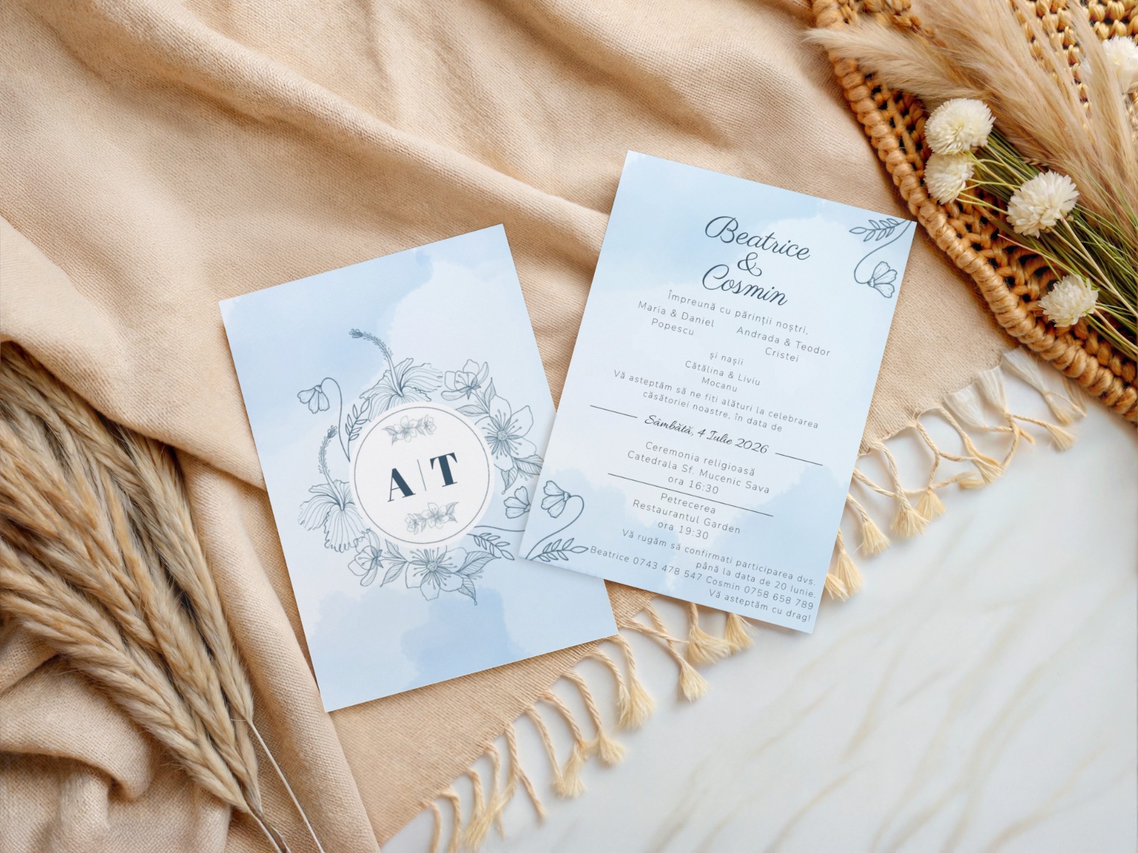 Invitatie nunta florala albastra minimalista cu monograma – imagine 1