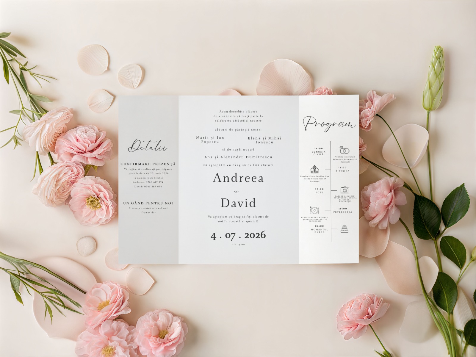 Invitație de nuntă florală elegantă cu program – imagine 1